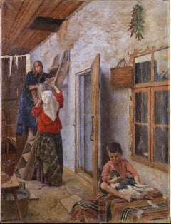 Lovely Farm House Scene by Russian Master Bershadsky Genre Oil Painting