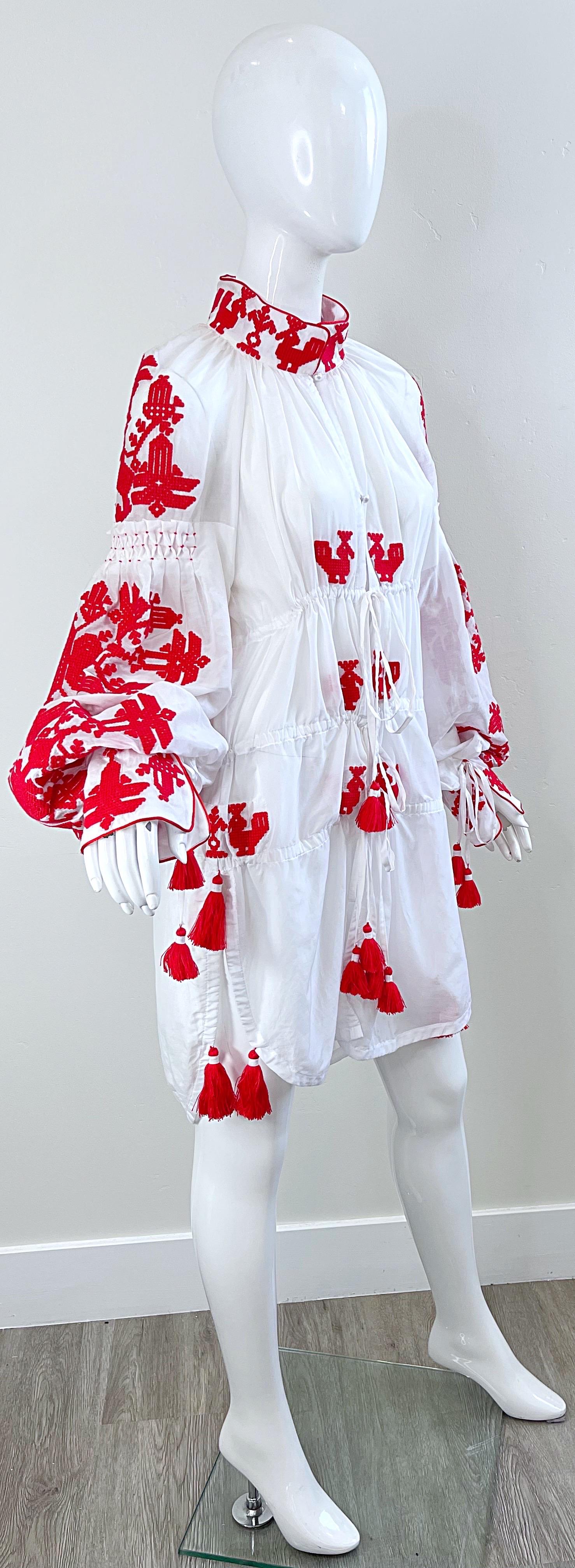 Yuliya Magdych Ukraine Designer Hand Embroidered Red White Tassel Caftan Dress For Sale 5