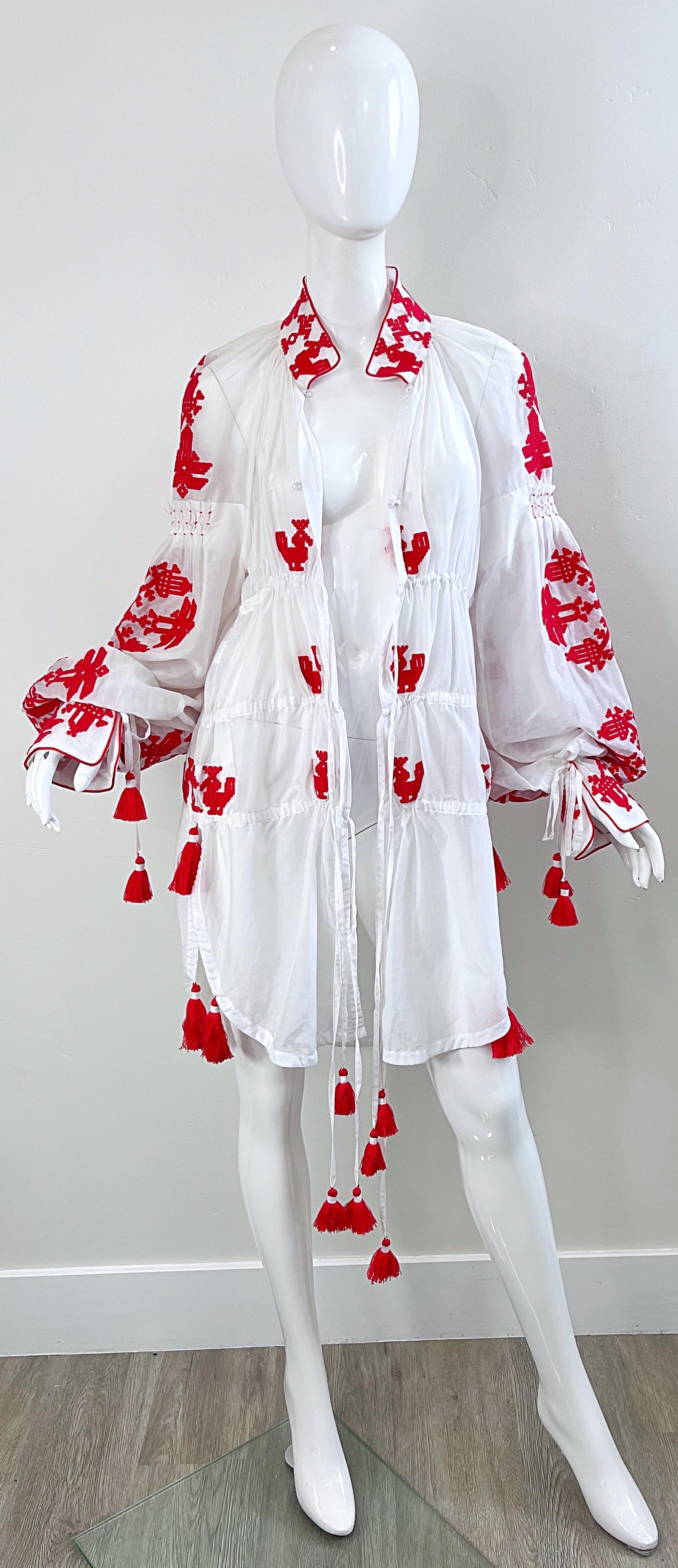 Yuliya Magdych Ukraine Designer Hand Embroidered Red White Tassel Caftan Dress For Sale 6