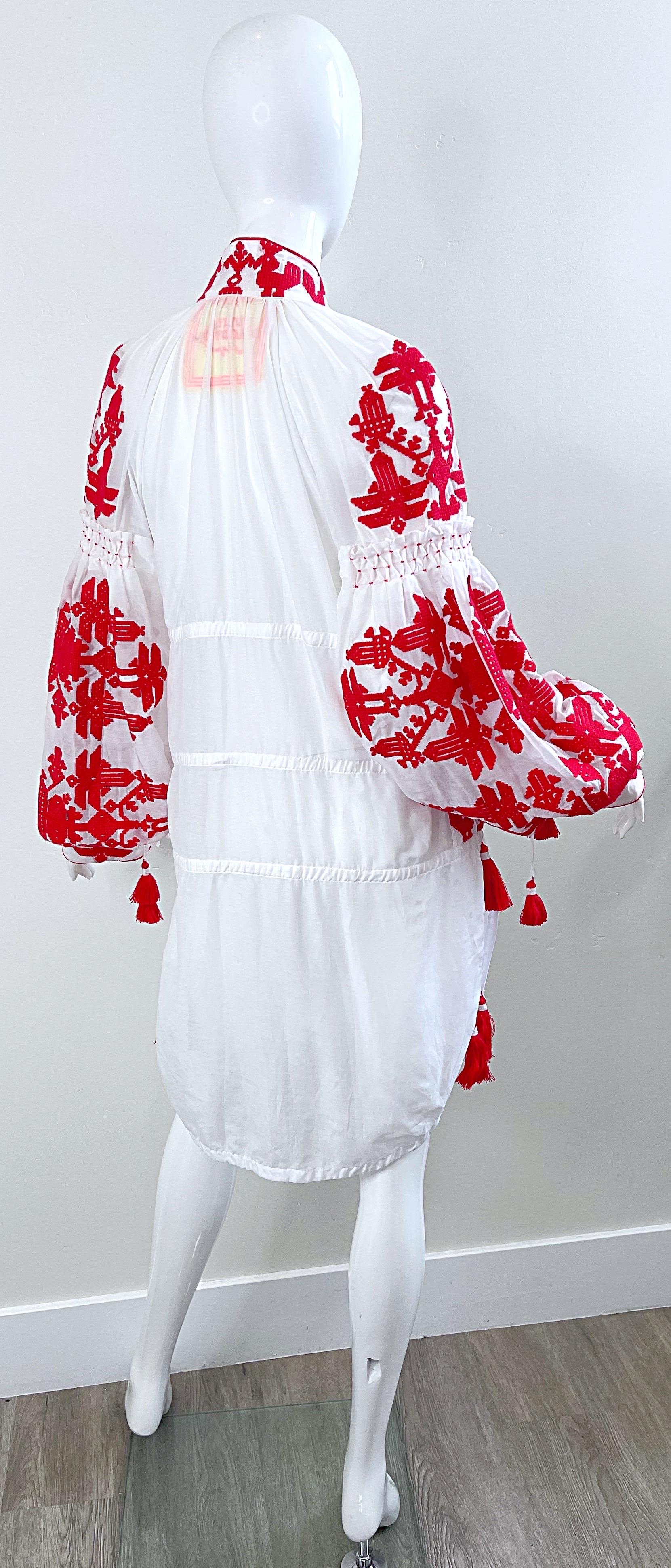 Yuliya Magdych Ukraine Designer Hand Embroidered Red White Tassel Caftan Dress For Sale 7