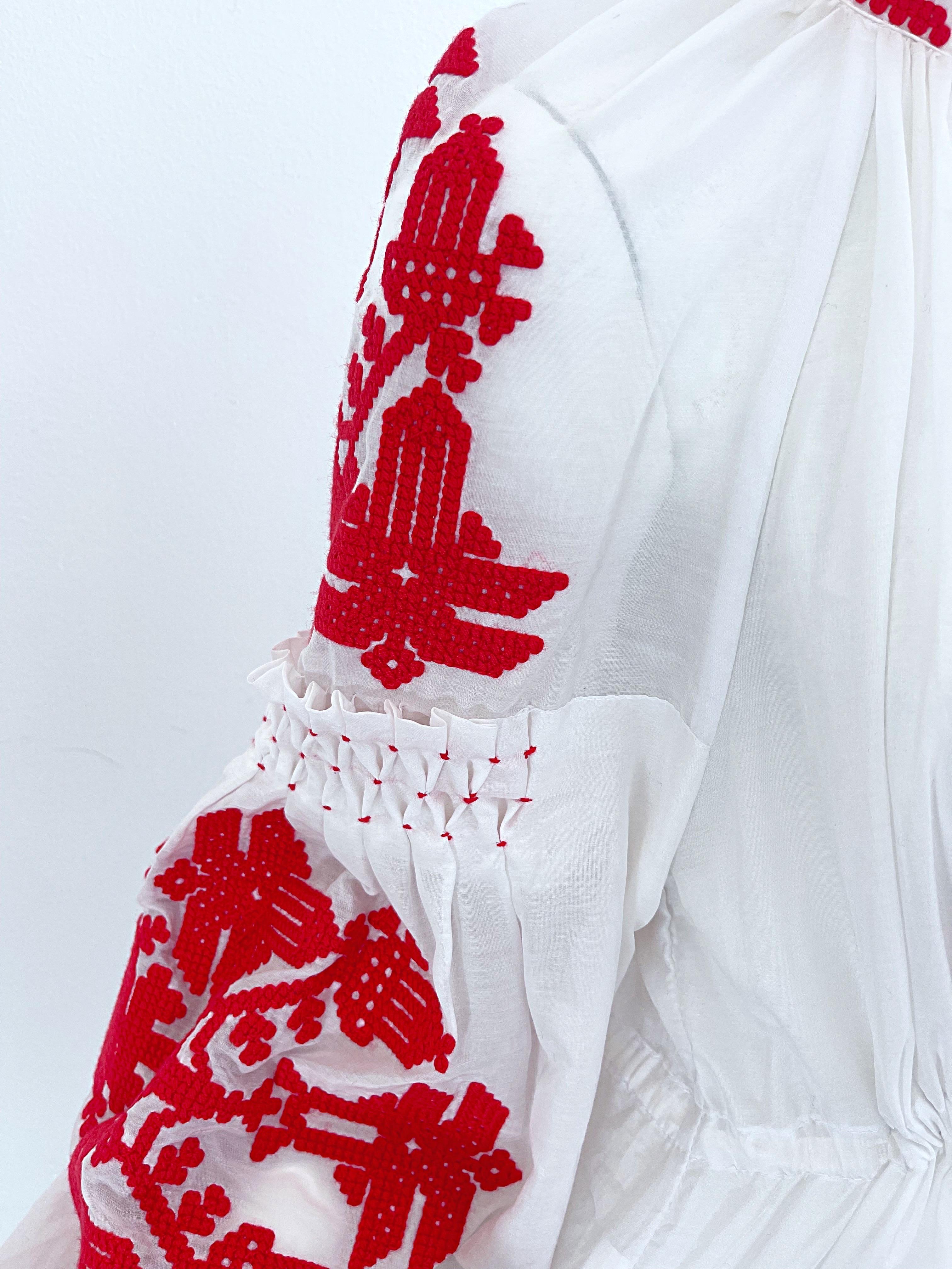 Yuliya Magdych Ukraine Designer Hand Embroidered Red White Tassel Caftan Dress For Sale 8