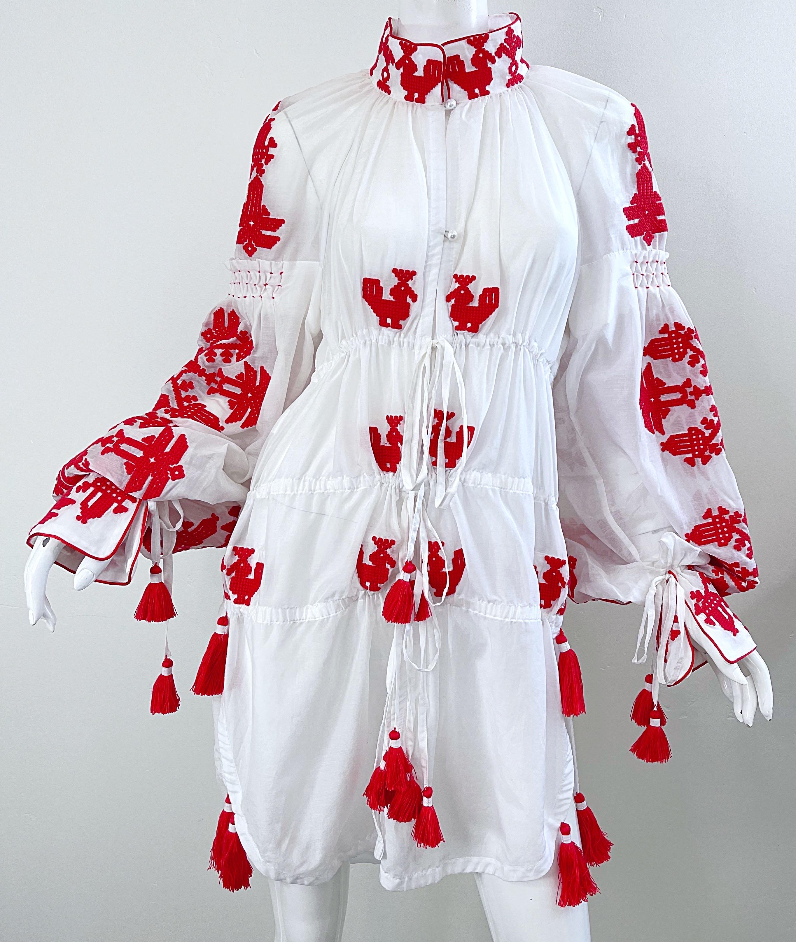 Yuliya Magdych Ukraine Designer Hand Embroidered Red White Tassel Caftan Dress For Sale 9