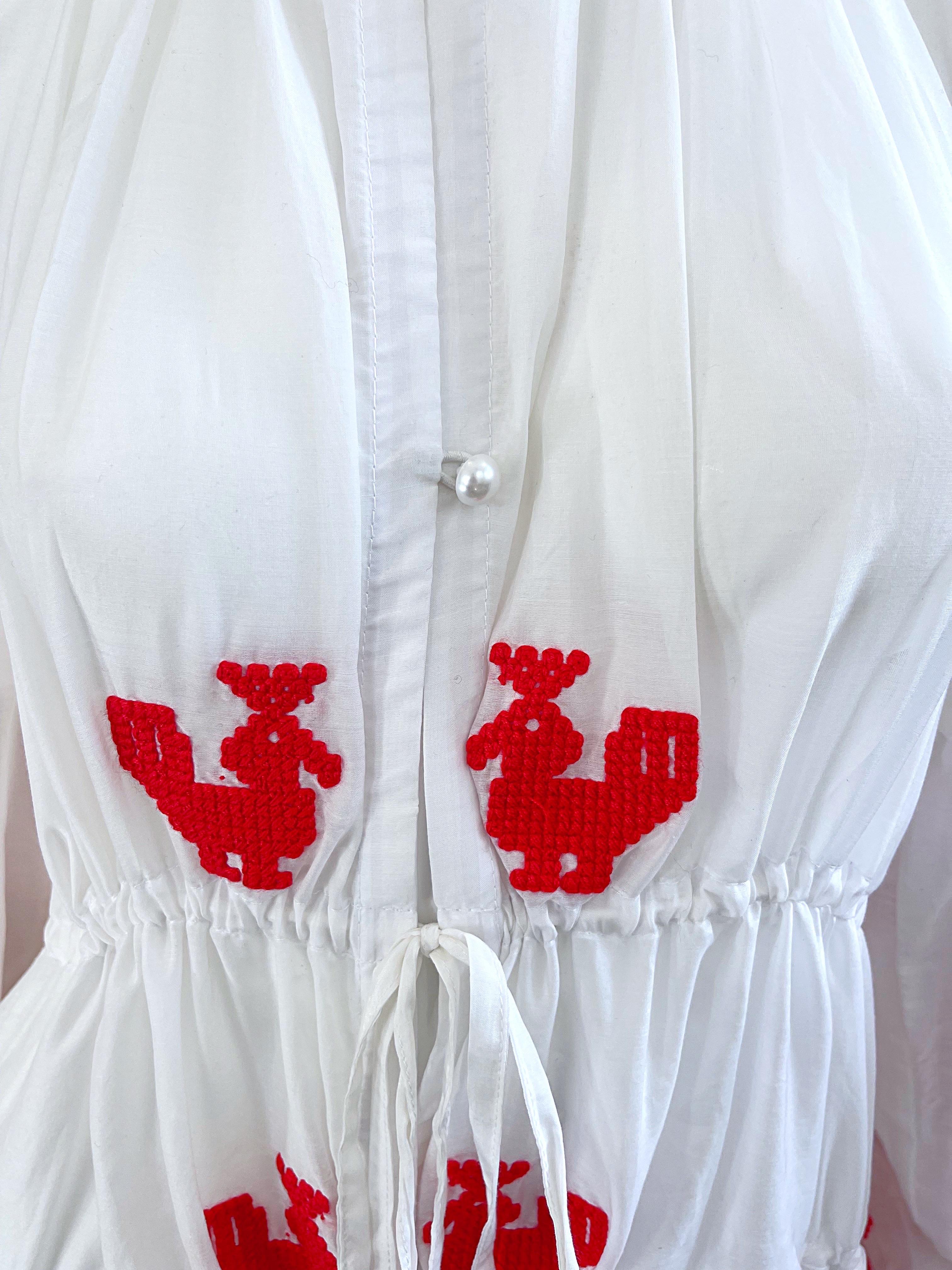 Yuliya Magdych Ukraine Designer Hand Embroidered Red White Tassel Caftan Dress For Sale 10