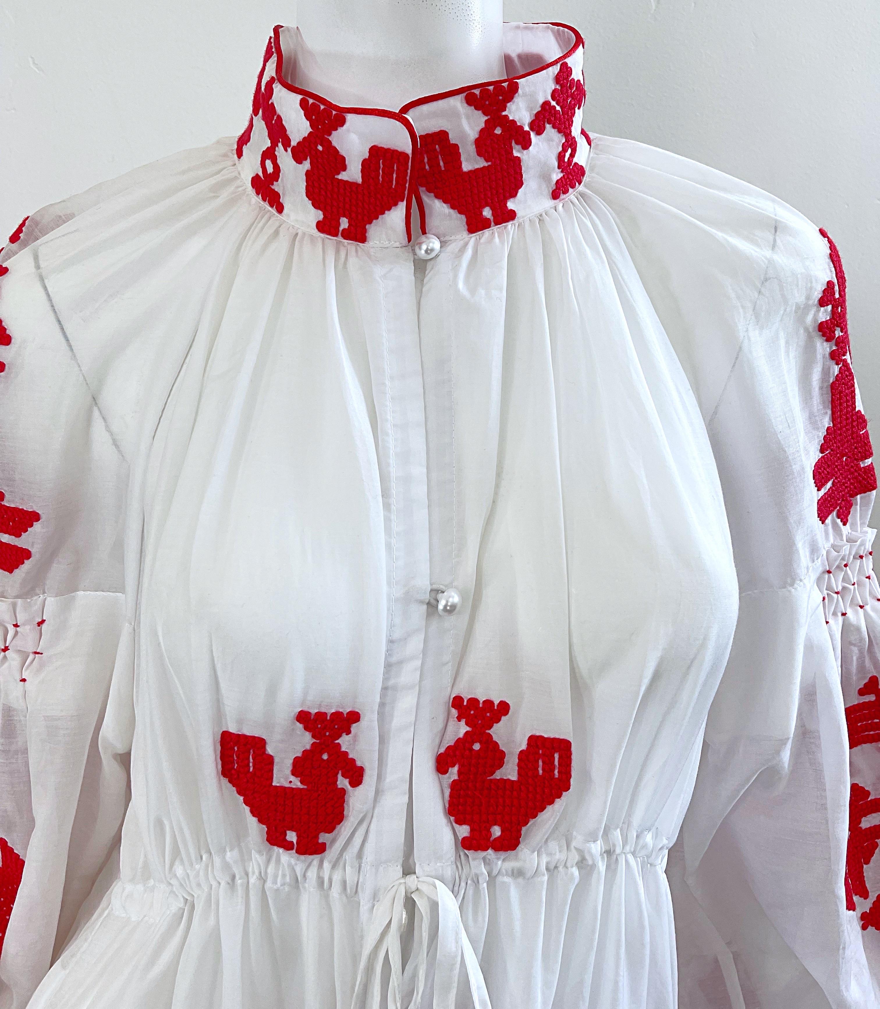 Yuliya Magdych Ukraine Designer Hand Embroidered Red White Tassel Caftan Dress For Sale 11