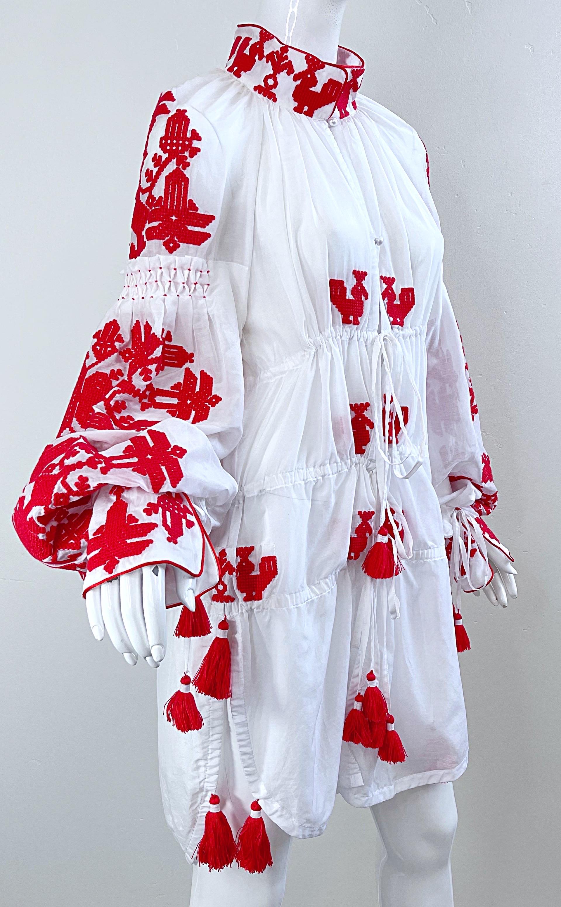 Yuliya Magdych Ukraine Designer Hand Embroidered Red White Tassel Caftan Dress For Sale 12