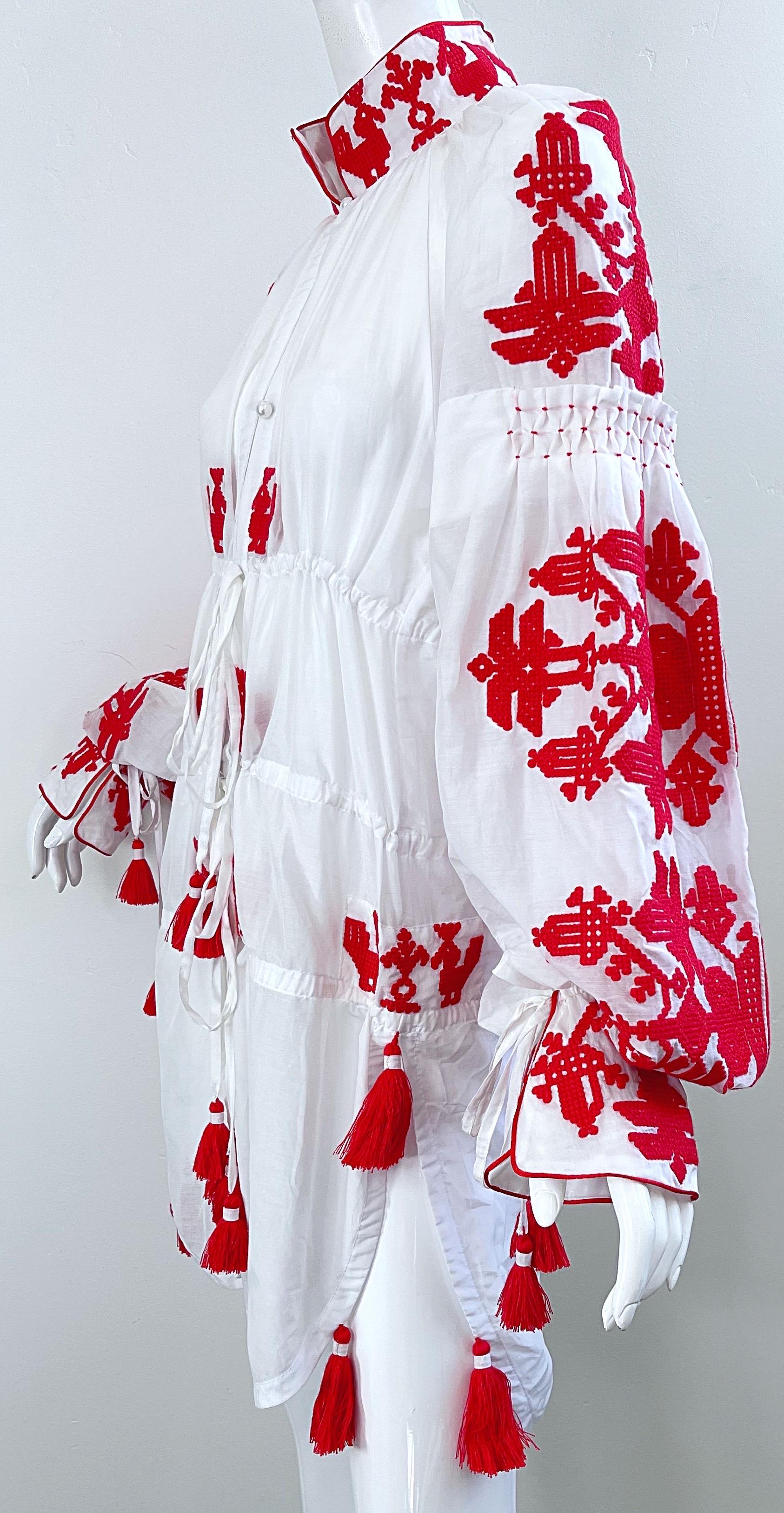 Yuliya Magdych Ukraine Designer Hand Embroidered Red White Tassel Caftan Dress For Sale 13