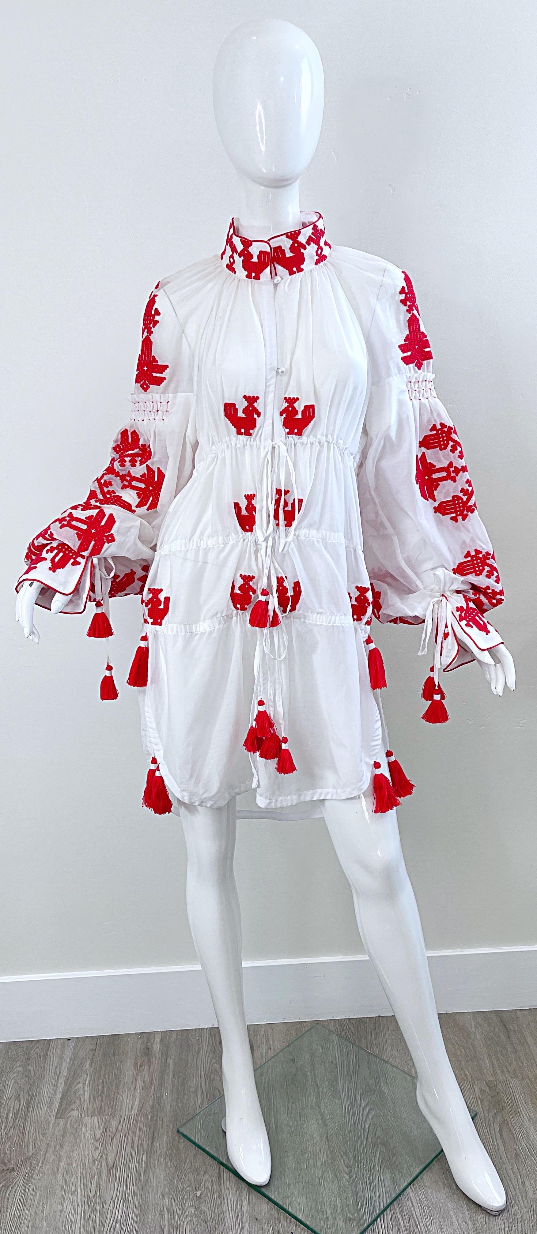Yuliya Magdych Ukraine Designer Hand Embroidered Red White Tassel Caftan Dress For Sale 14