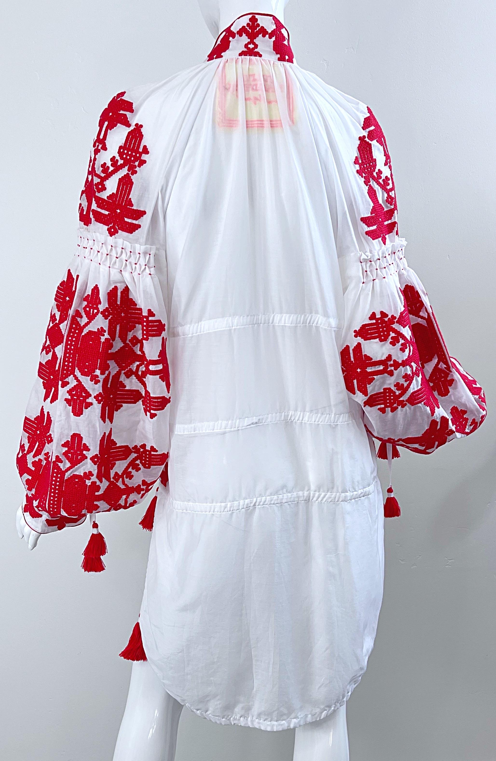 Yuliya Magdych Ukraine Designer Hand Embroidered Red White Tassel Caftan Dress In Excellent Condition For Sale In San Diego, CA