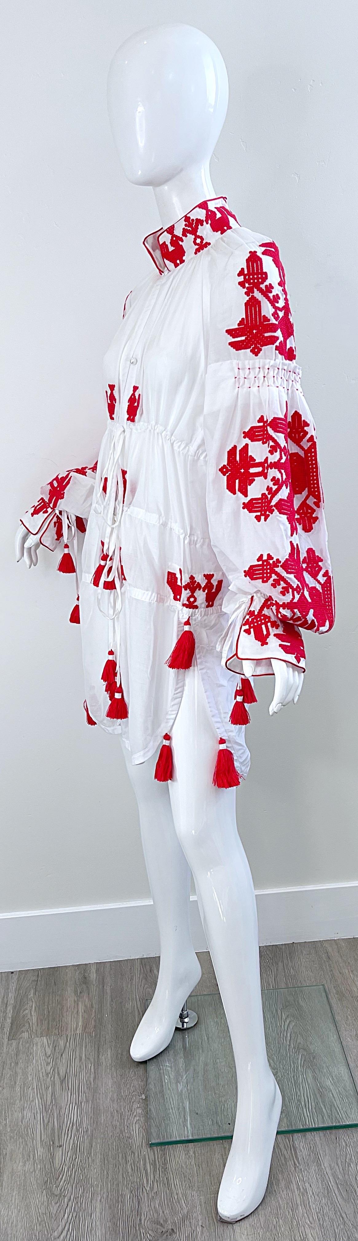 Women's Yuliya Magdych Ukraine Designer Hand Embroidered Red White Tassel Caftan Dress For Sale