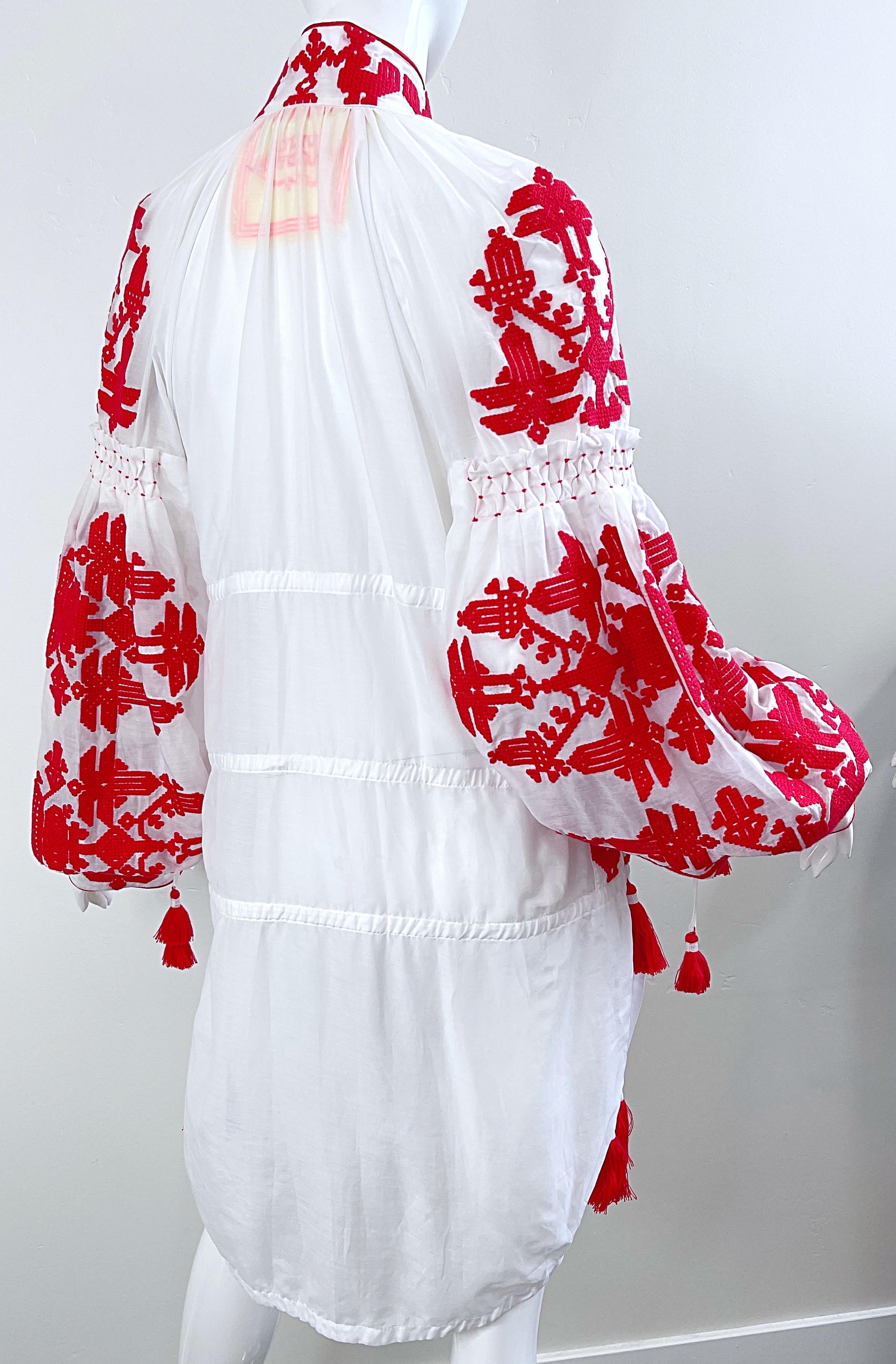 Yuliya Magdych Ukraine Designer Hand Embroidered Red White Tassel Caftan Dress For Sale 2