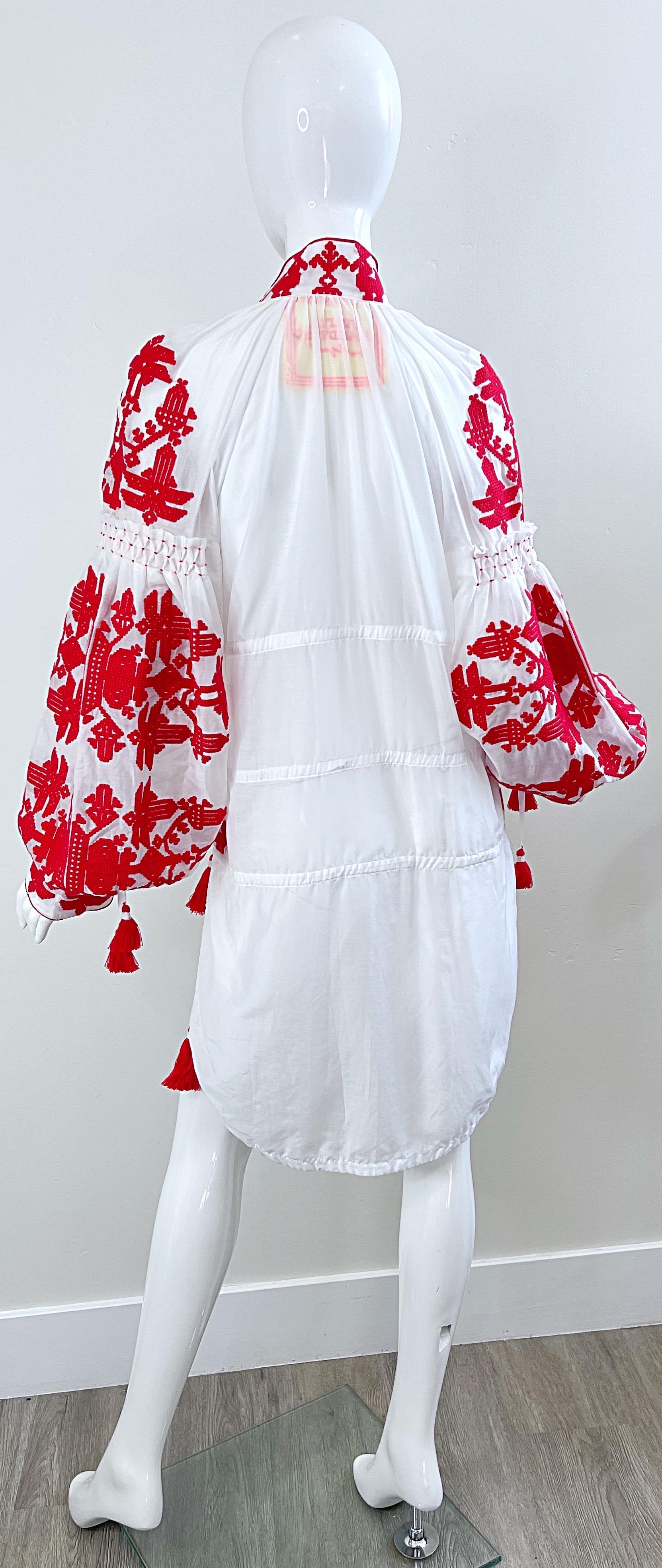 Yuliya Magdych Ukraine Designer Hand Embroidered Red White Tassel Caftan Dress For Sale 2