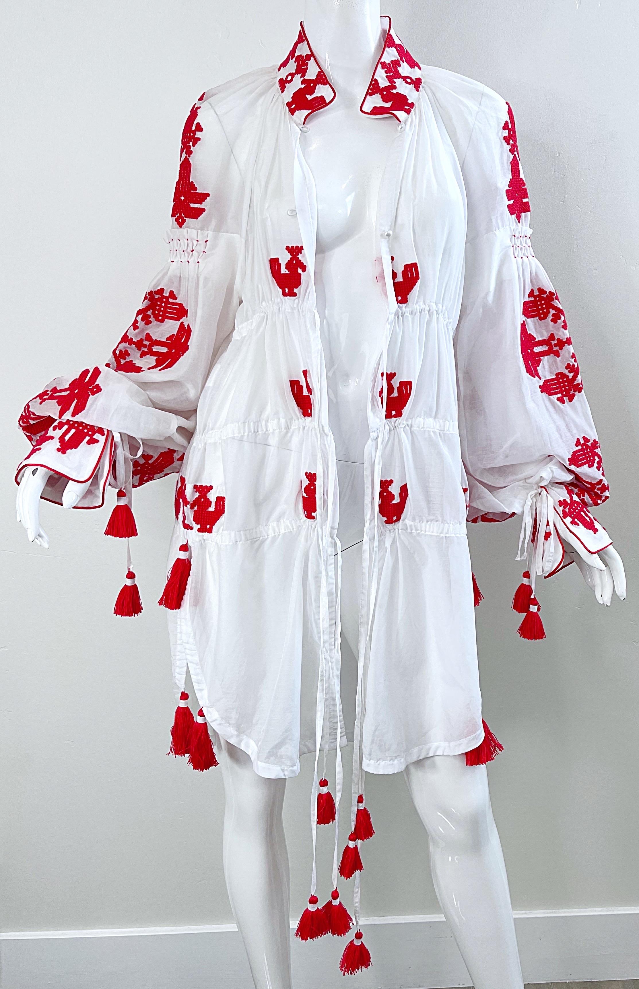 Yuliya Magdych Ukraine Designer Hand Embroidered Red White Tassel Caftan Dress For Sale 4
