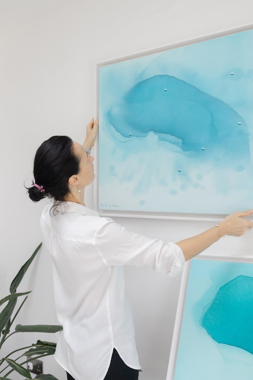 Baie bleue  Swoon, peinture originale, paysage, abstrait, ciel  en vente 1