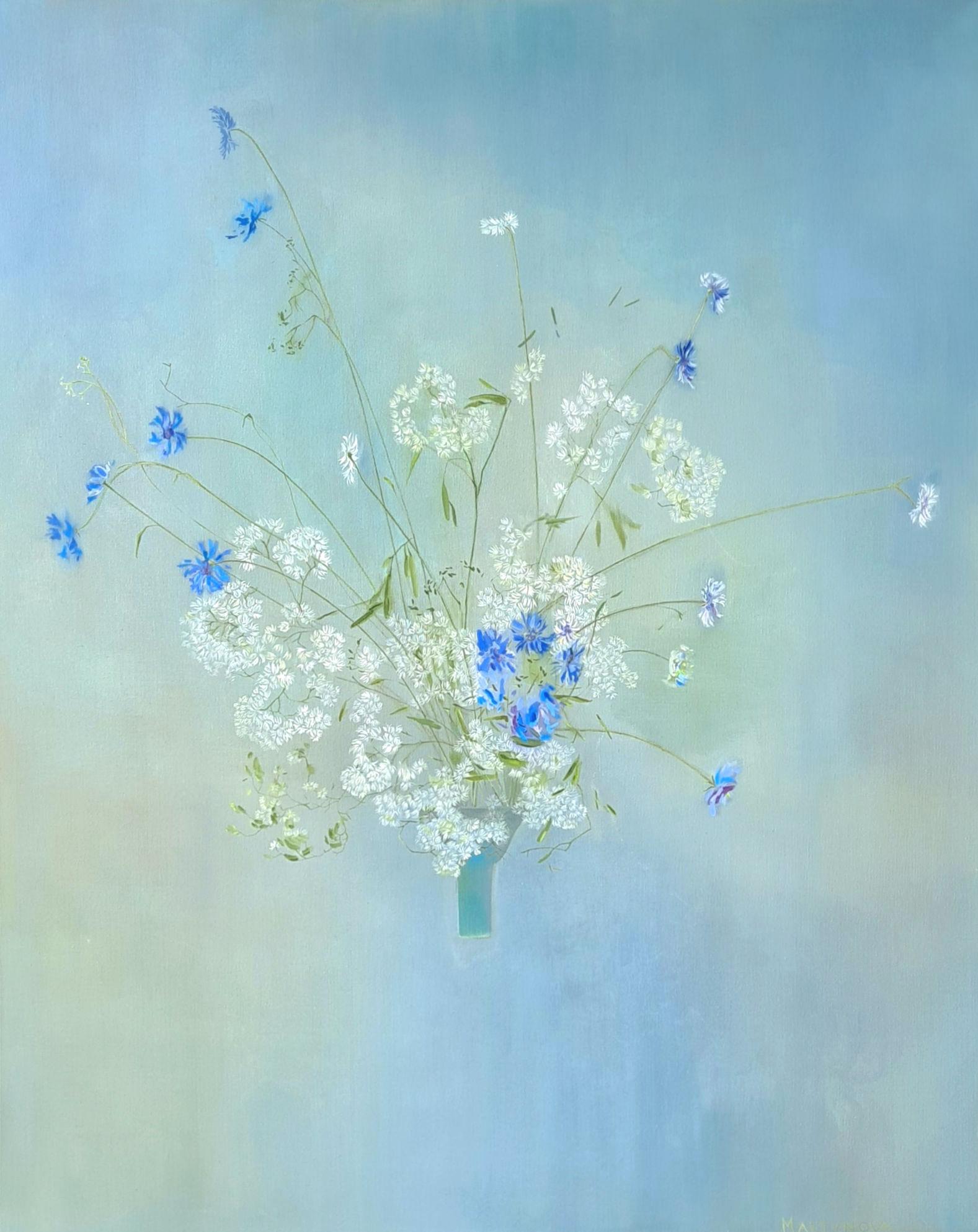 Ikebana, Original painting, Nature, Floral, Elegant, Blue, white, Flowers, Calm