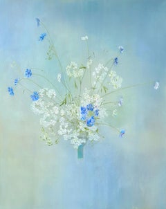 Ikebana, Originalgemälde, Natur, Blumen, Elegant, Blau, Weiß, Blumen, Ruhe