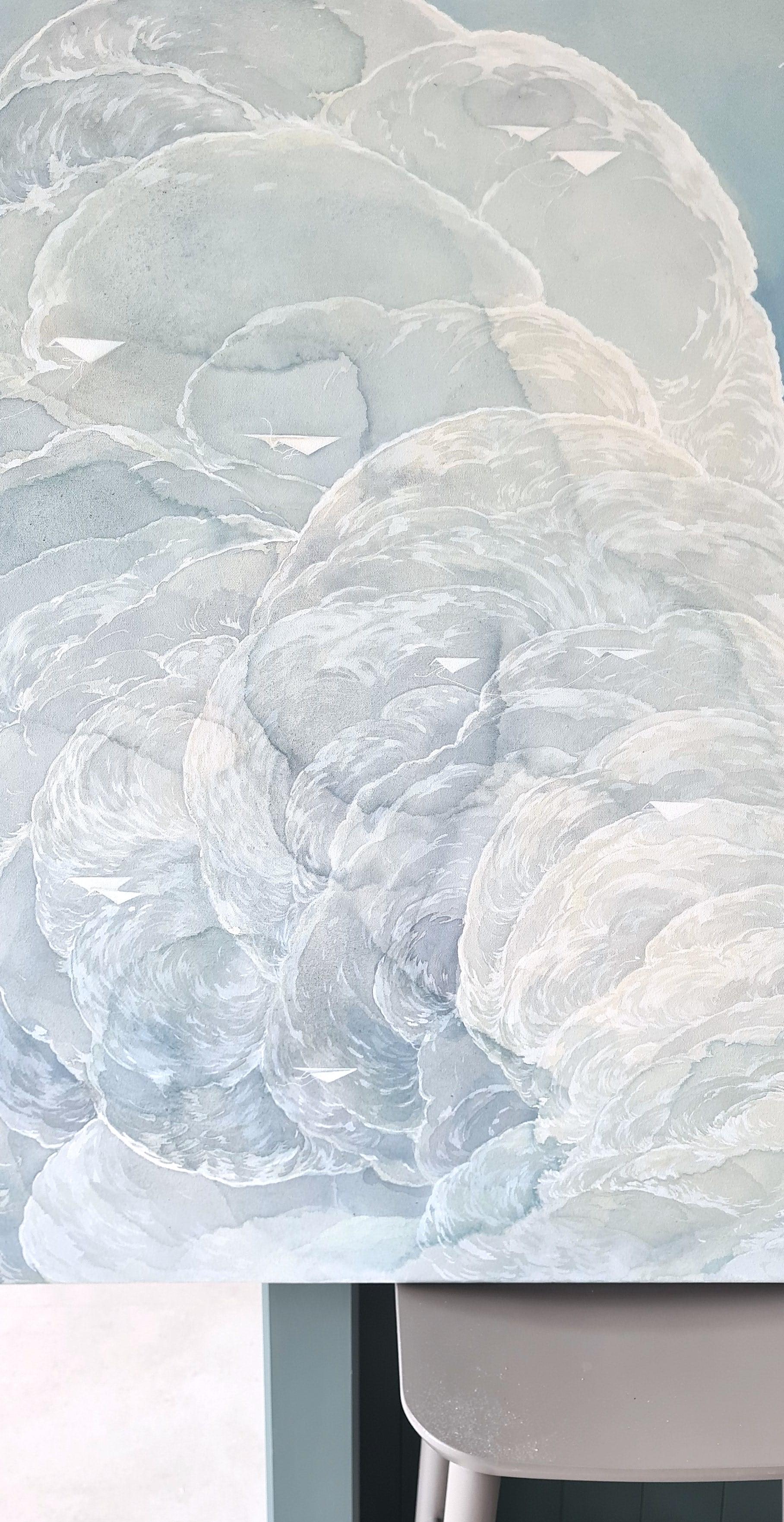 Migration  Crossroads, Original Painting, Clouds, Dreamy, Blues, Whites For Sale 11