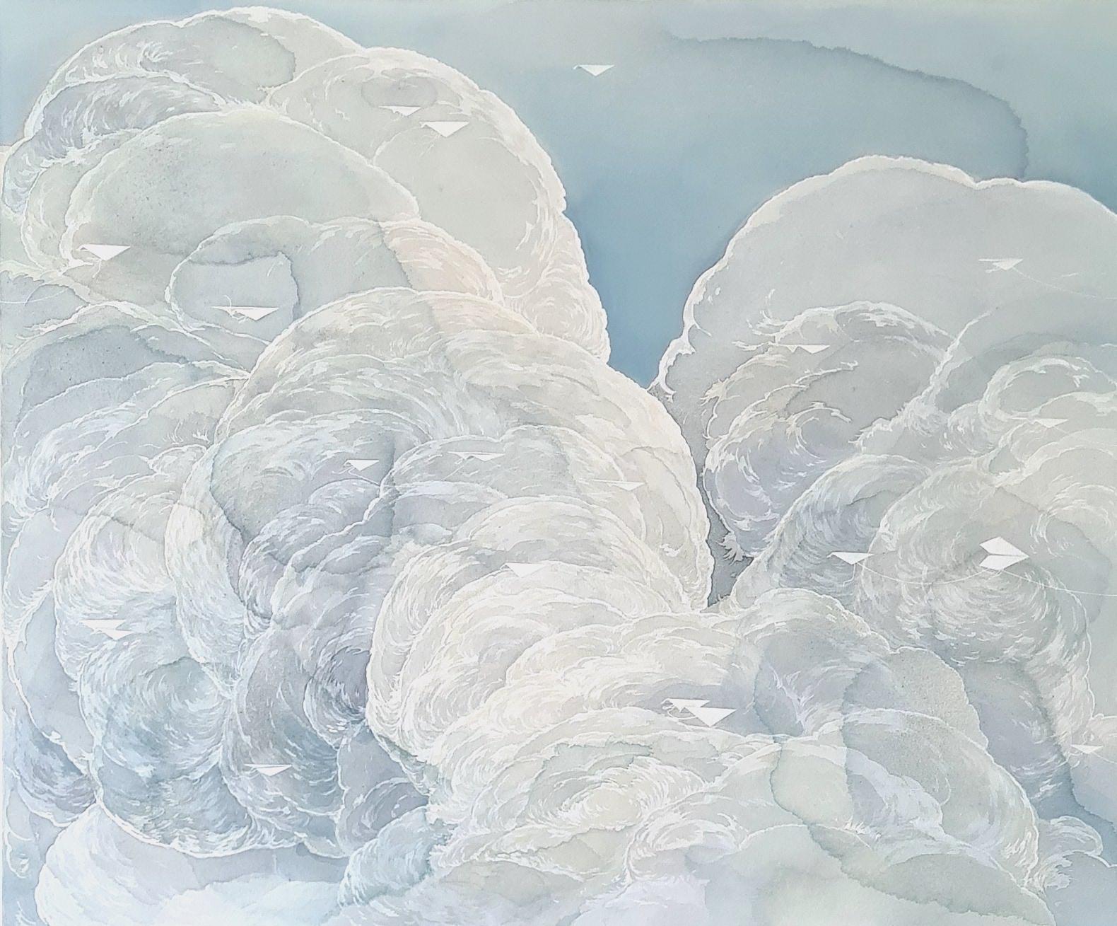 Yuliya Martynova Landscape Painting - Migration  Crossroads, Original Painting, Clouds, Dreamy, Blues, Whites