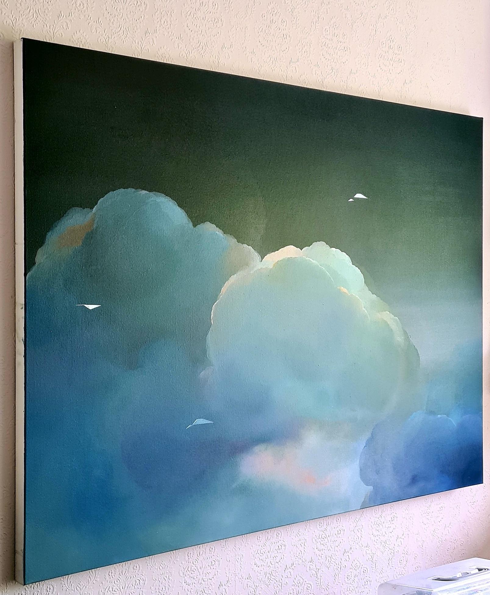 Migration: DeJa V, Original painting, Skyscape, Abstract, Clouds, Night, Blue For Sale 1