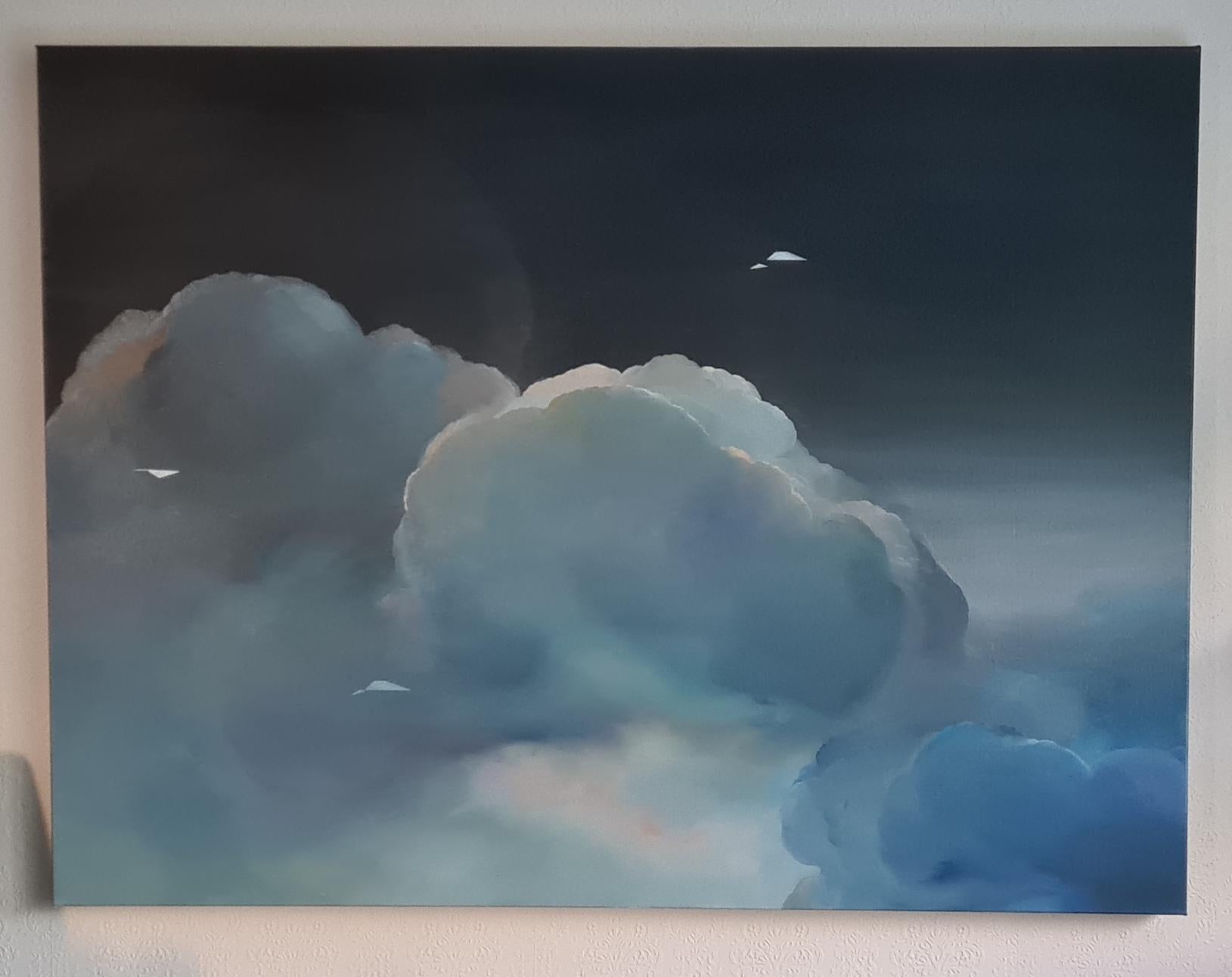 Migration: DeJa V, Original painting, Skyscape, Abstract, Clouds, Night, Blue For Sale 3