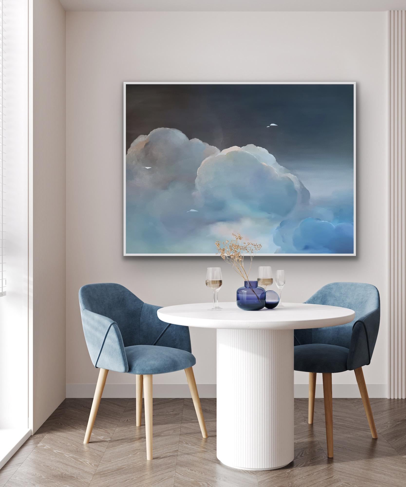 Migration : DeJa V, peinture originale, paysage ciel, abstrait, nuages, nuit, bleu 4