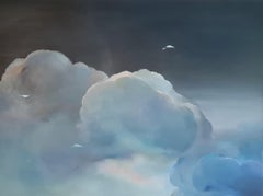 Migration : DeJa V, peinture originale, paysage ciel, abstrait, nuages, nuit, bleu
