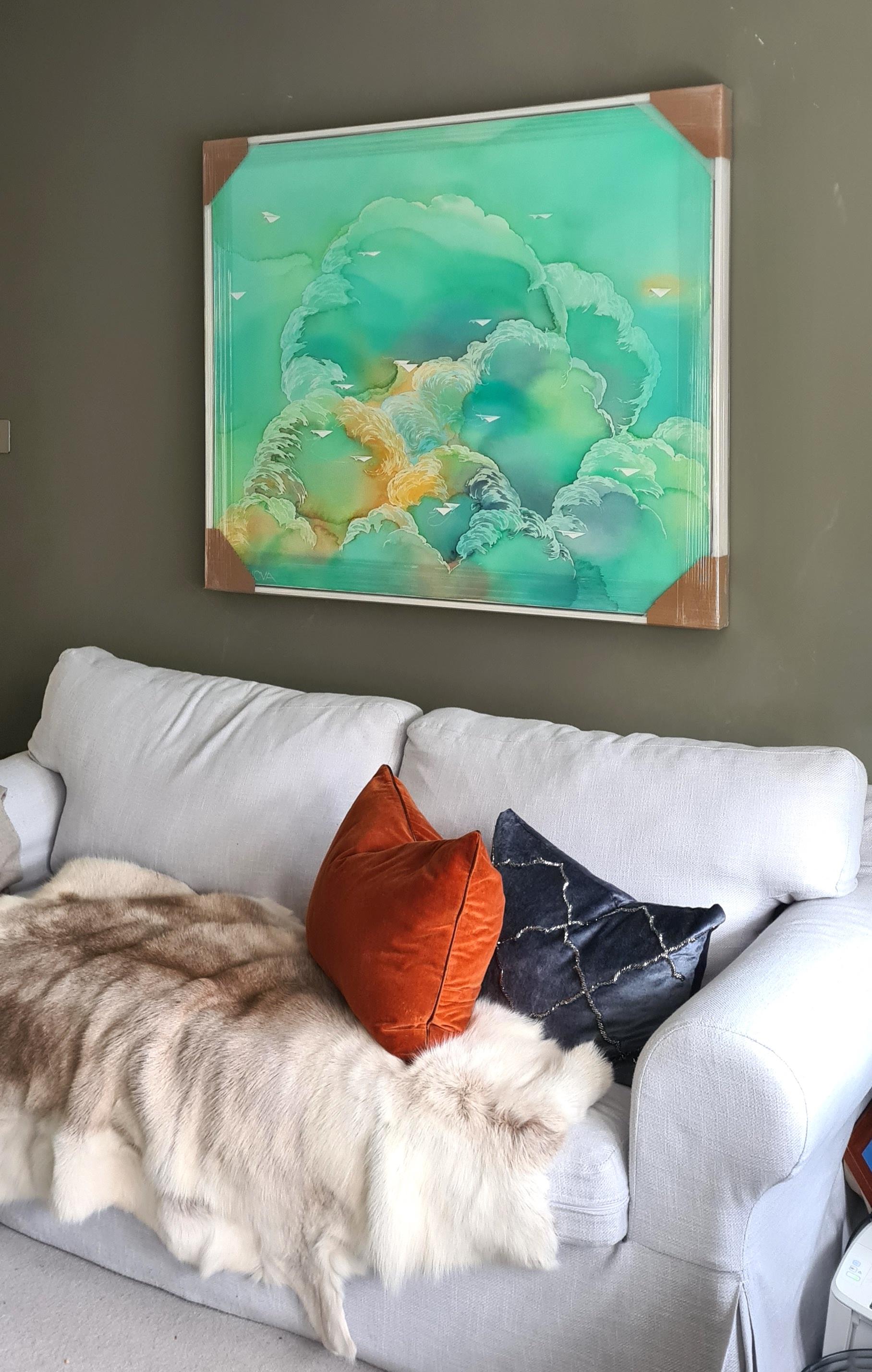 Migration  Emerald, Original Painting, Clouds, Dreamy, Greens, Blues, Yellows For Sale 1