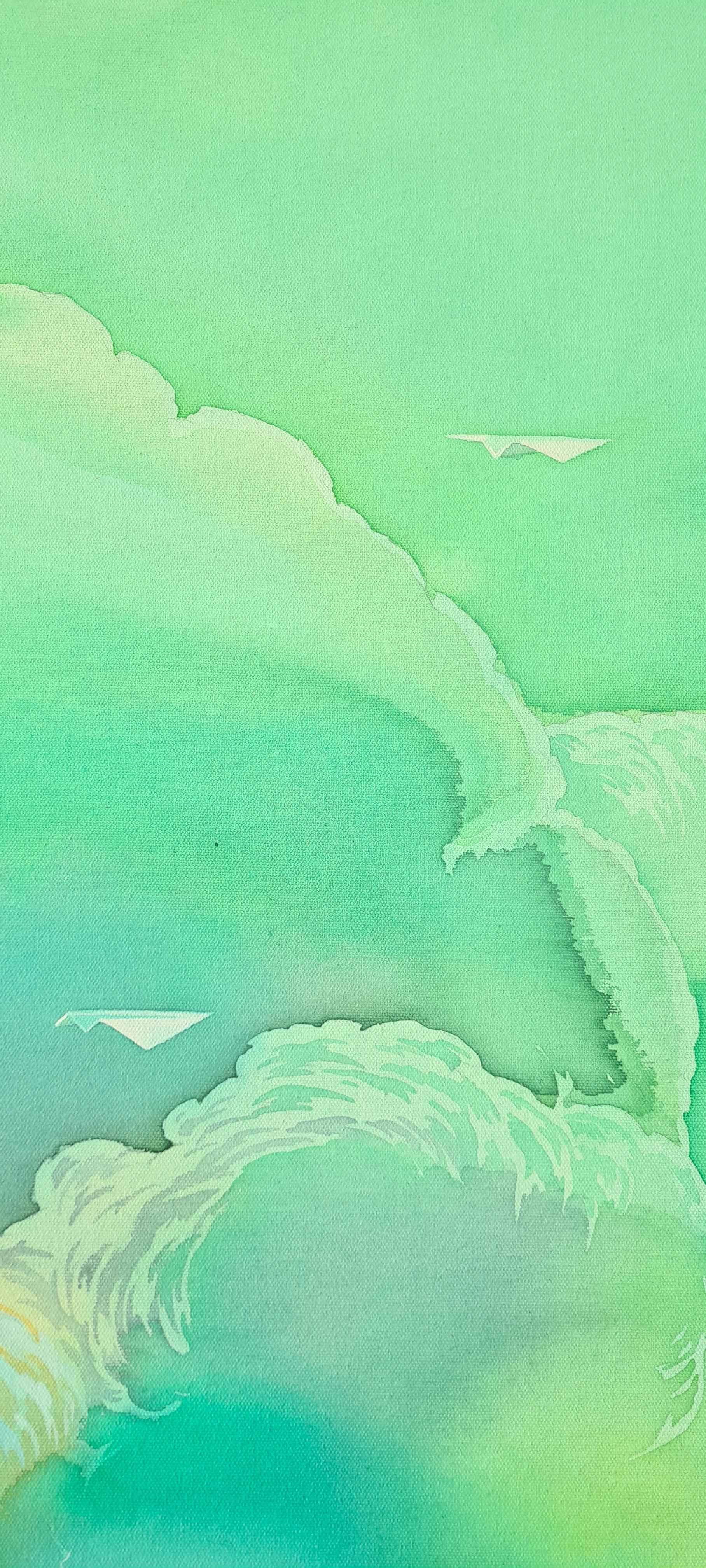 Migration  Emerald, Original Painting, Clouds, Dreamy, Greens, Blues, Yellows For Sale 2