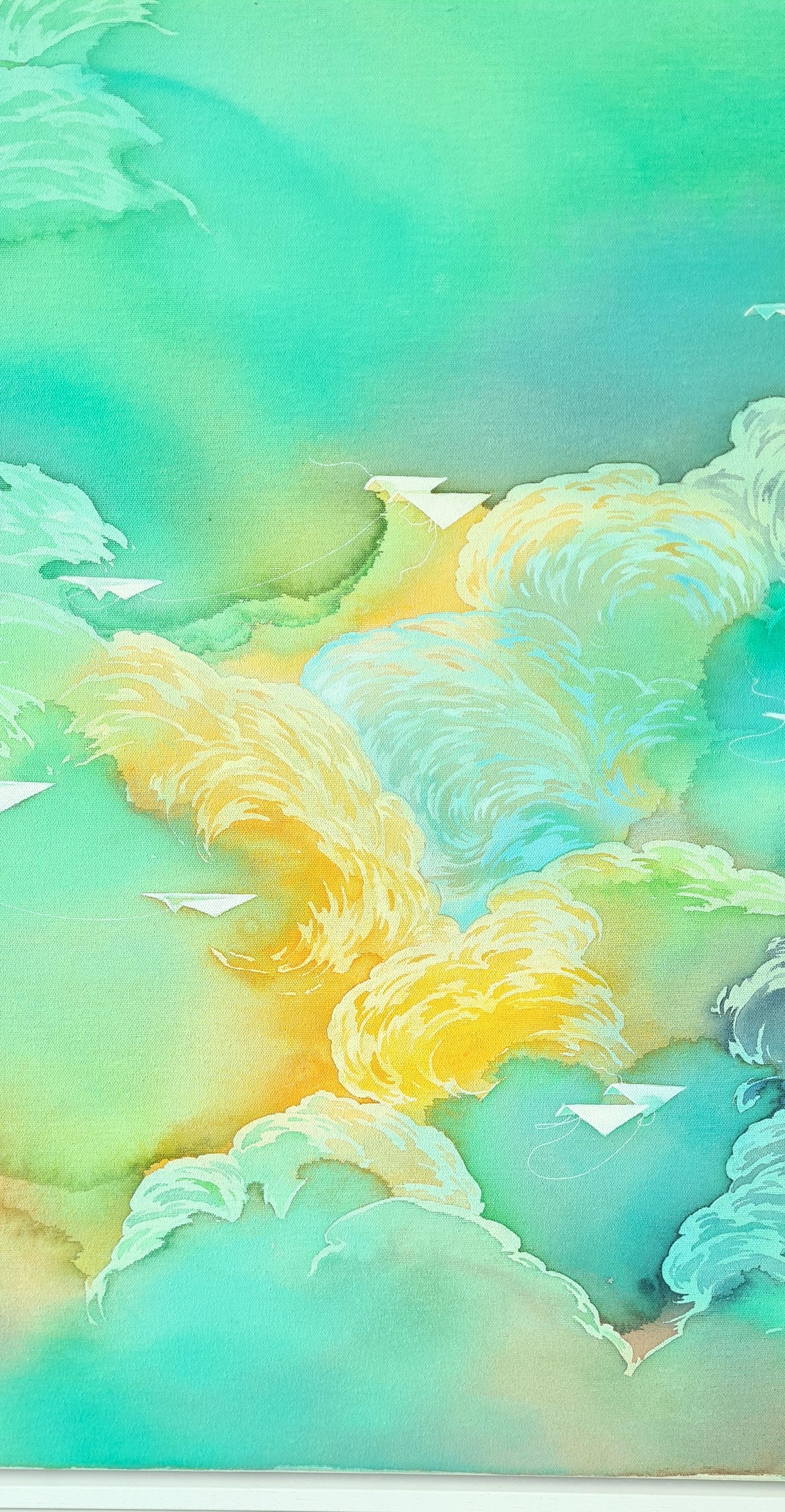 Migration  Emerald, Original Painting, Clouds, Dreamy, Greens, Blues, Yellows For Sale 5