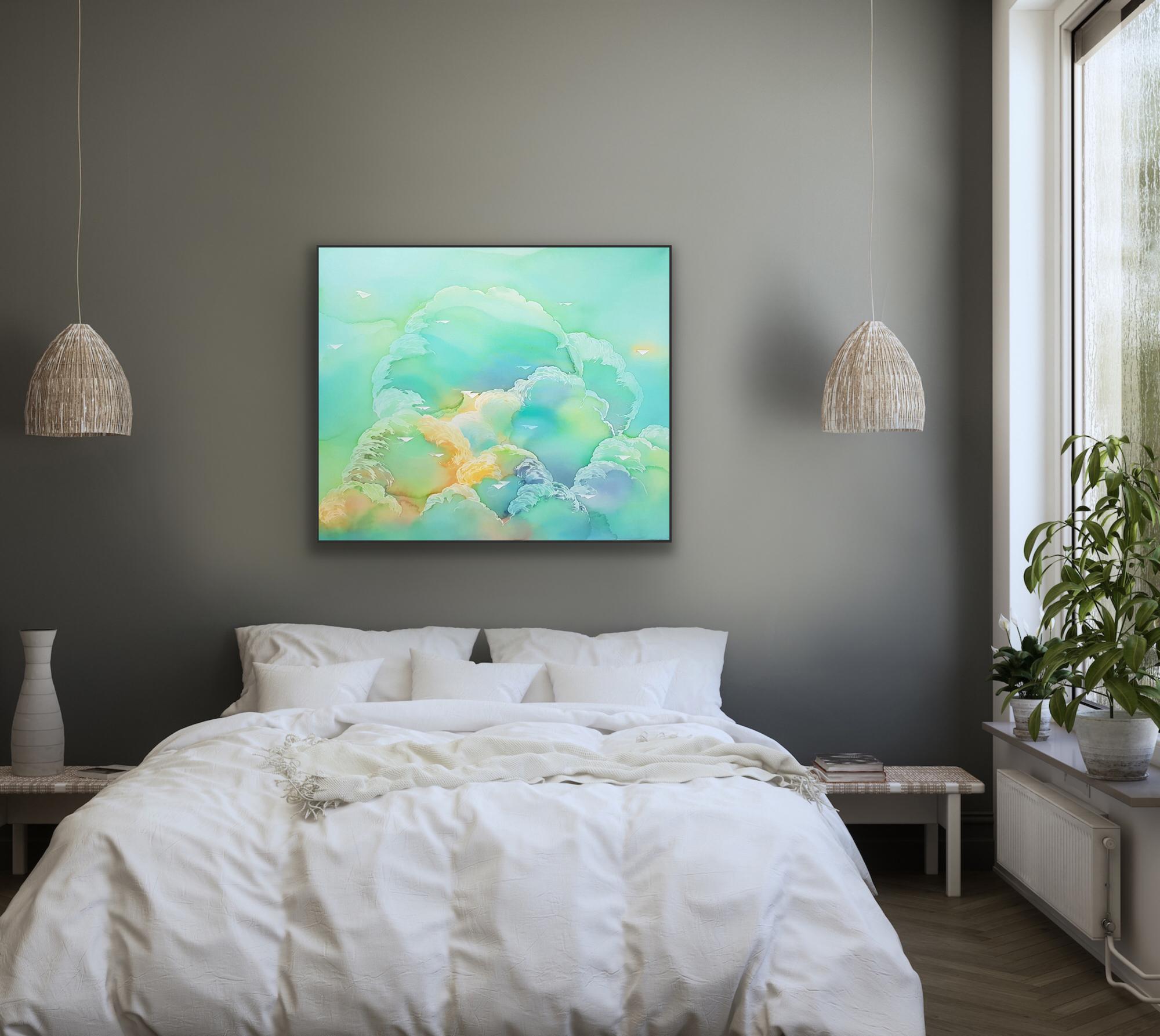 Migration  Emerald, Original Painting, Clouds, Dreamy, Greens, Blues, Yellows For Sale 7