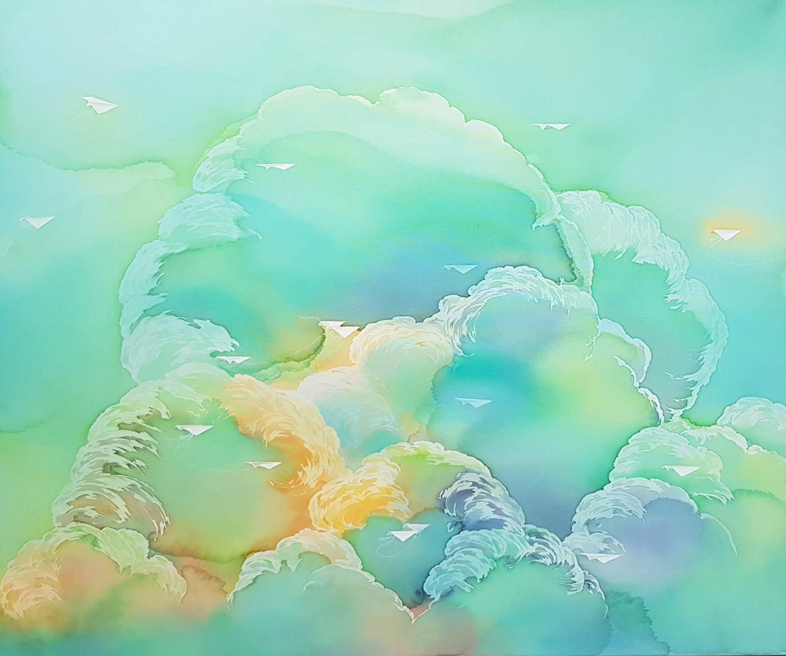 Yuliya Martynova Landscape Painting - Migration  Emerald, Original Painting, Clouds, Dreamy, Greens, Blues, Yellows