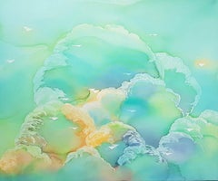 Migration  Emerald, Original Painting, Clouds, Dreamy, Greens, Blues, Yellows