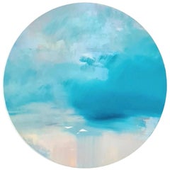 Migration : sarcelle, peinture originale, paysage, abstrait, huile, art circulaire, bleu