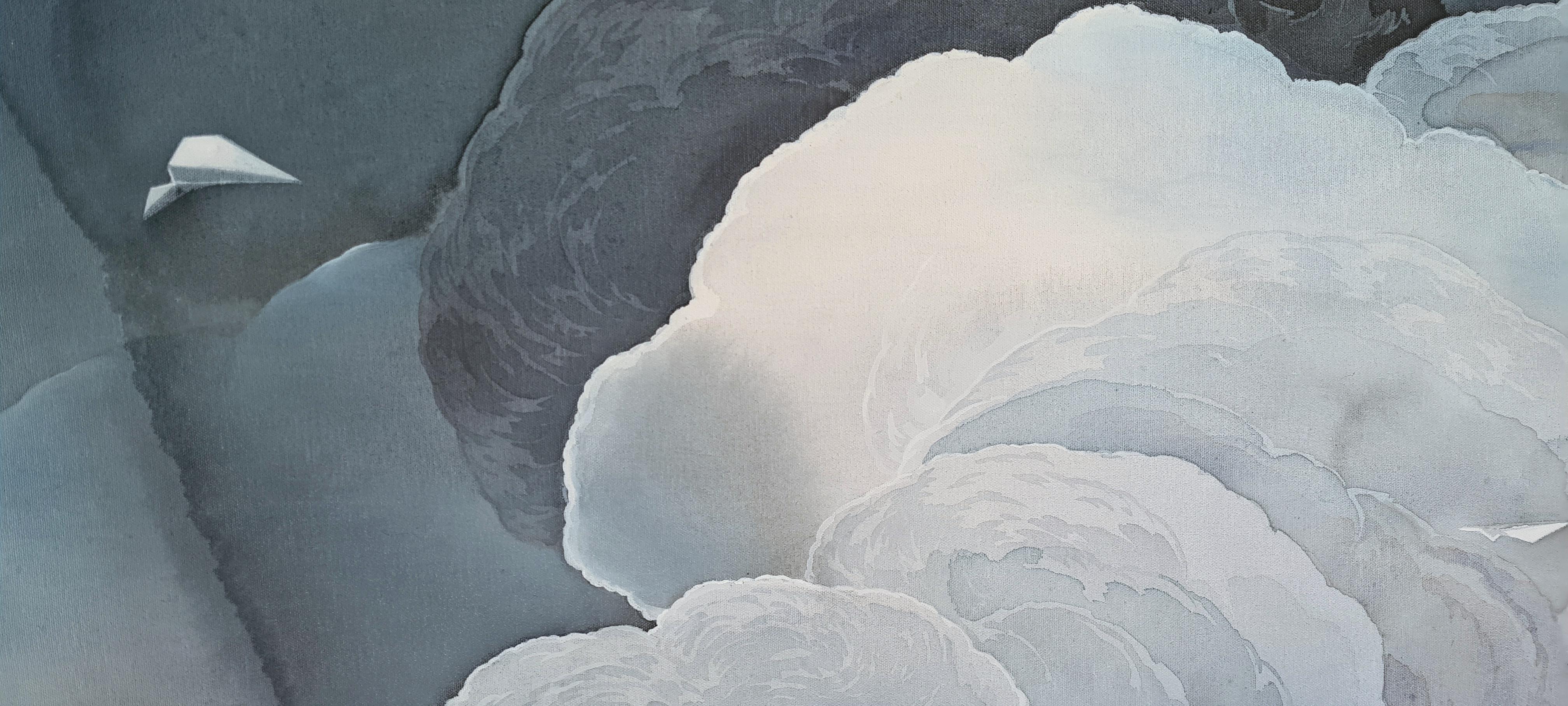 Migration: The Sky Breaker, peinture originale, paysage, abstrait, nuages, bleu - Bleu Landscape Painting par Yuliya Martynova