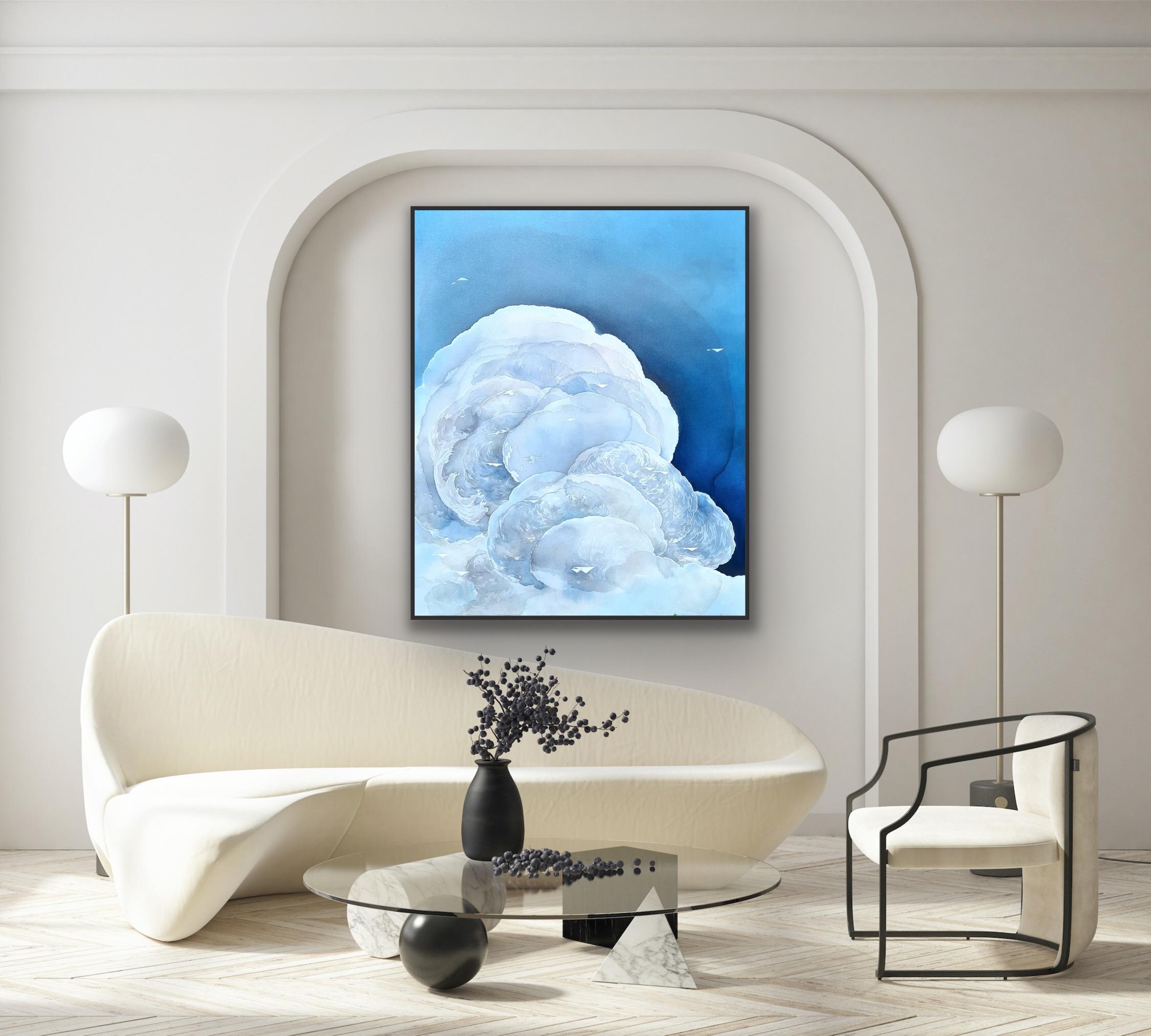 Migration: Voyager, Original painting, Landscape, Abstract, Clouds, Blue, Planes - Painting by Yuliya Martynova