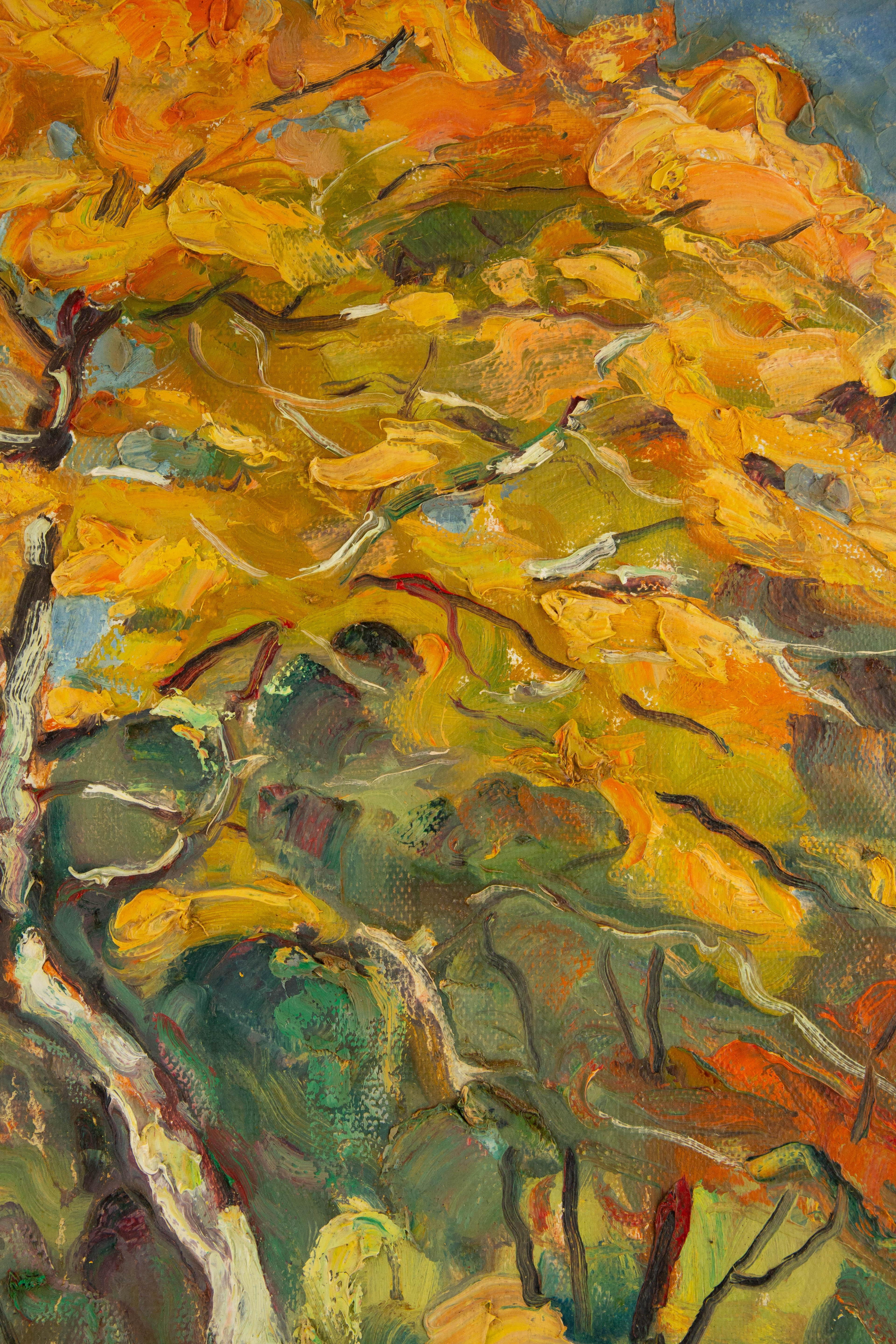 Peinture à l'huile originale du paysage Yulong Niu « Le jour d'automne » - Marron Landscape Painting par YuLong Niu