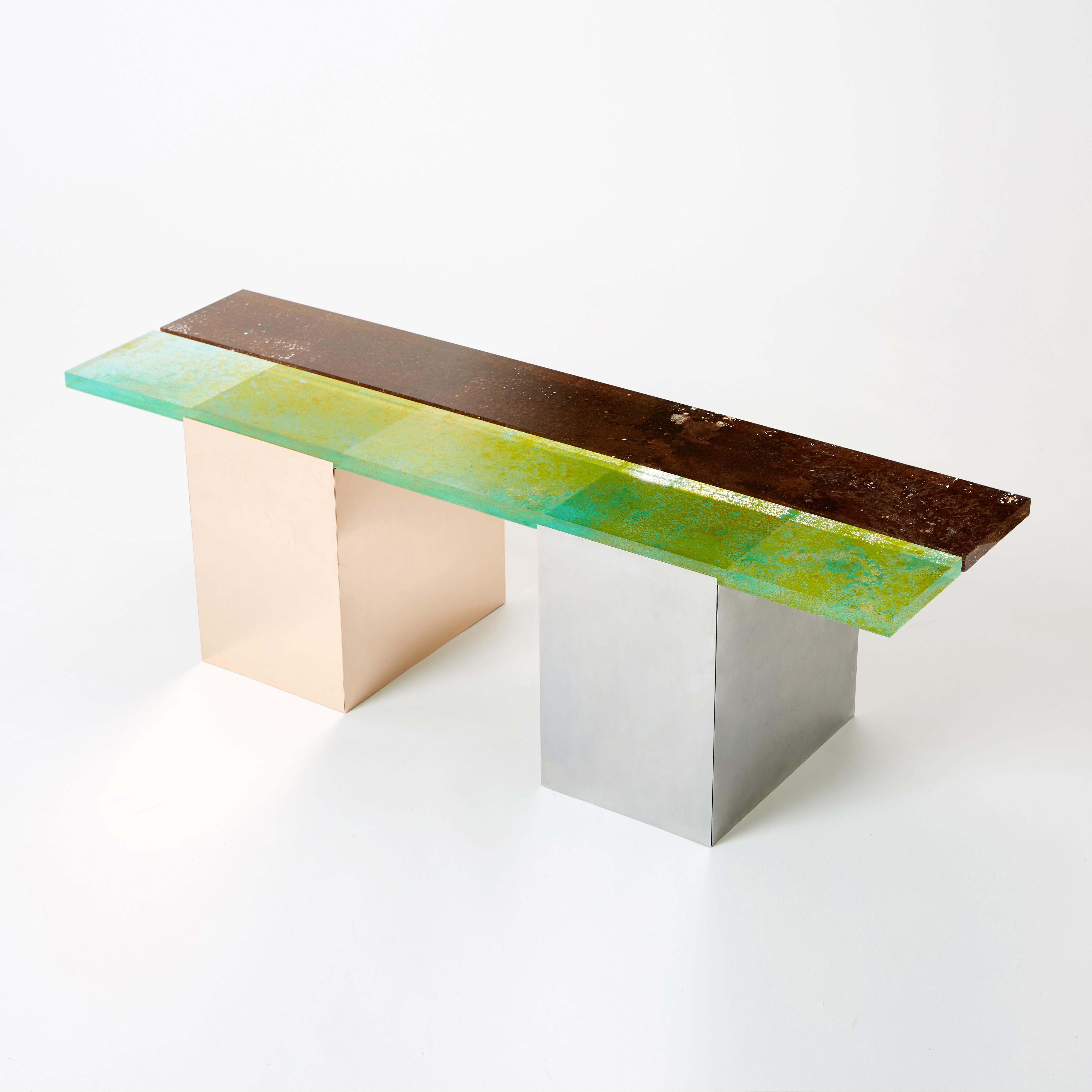 Bench designed by Yuma Kano.
Brown and yellow green colored materials are acrylic. This acrylic is what rust was transformed. Artist calls it 
