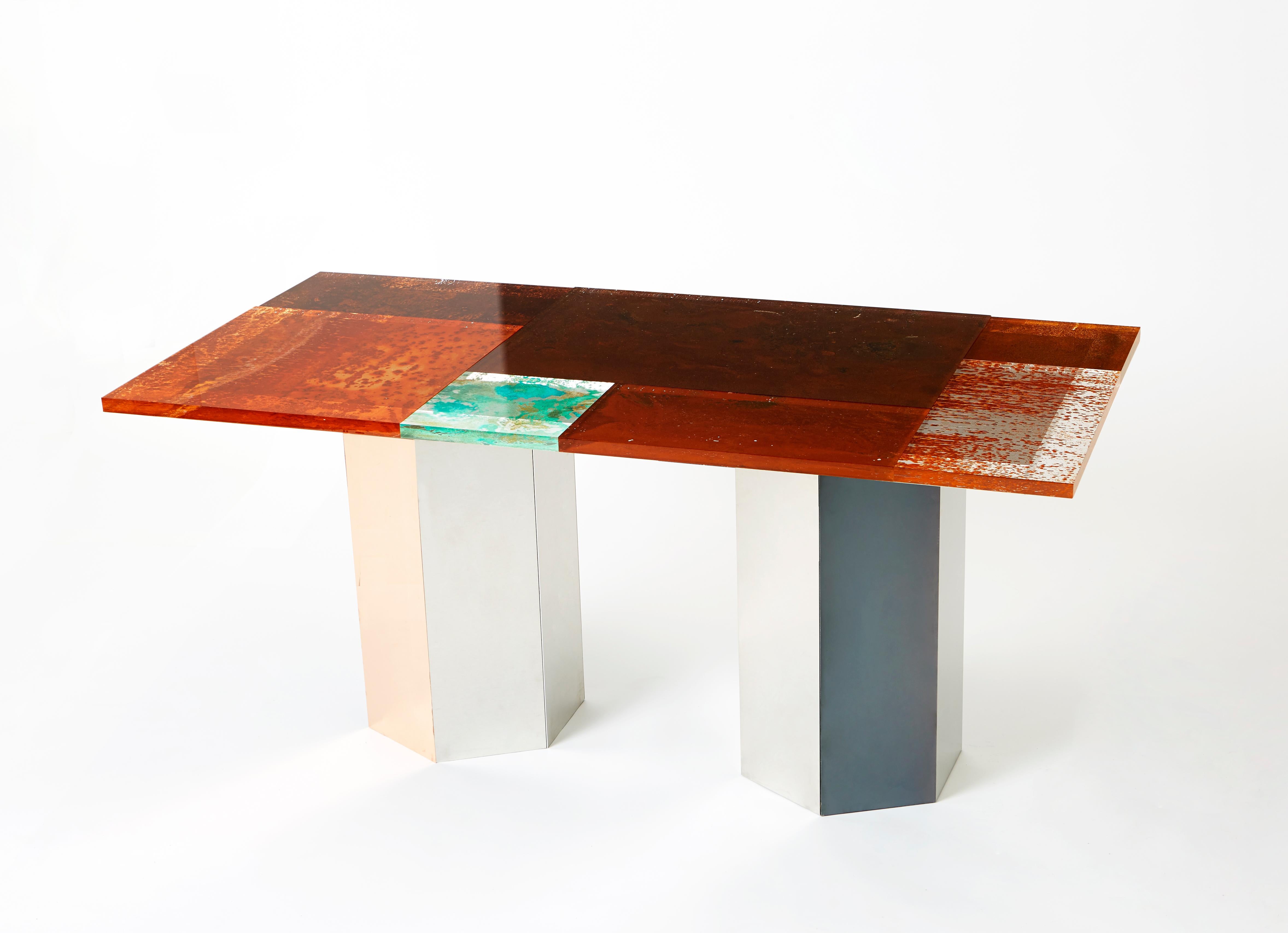 Steel Yuma Kano Rust Harvest Dining Table Acrylic For Sale