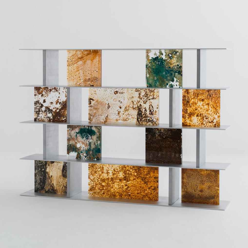 Shelf designed by Yuma Kano.
Surface half transparent material is acrylic. This acrylic is what rust was transformed. Artist calls it 