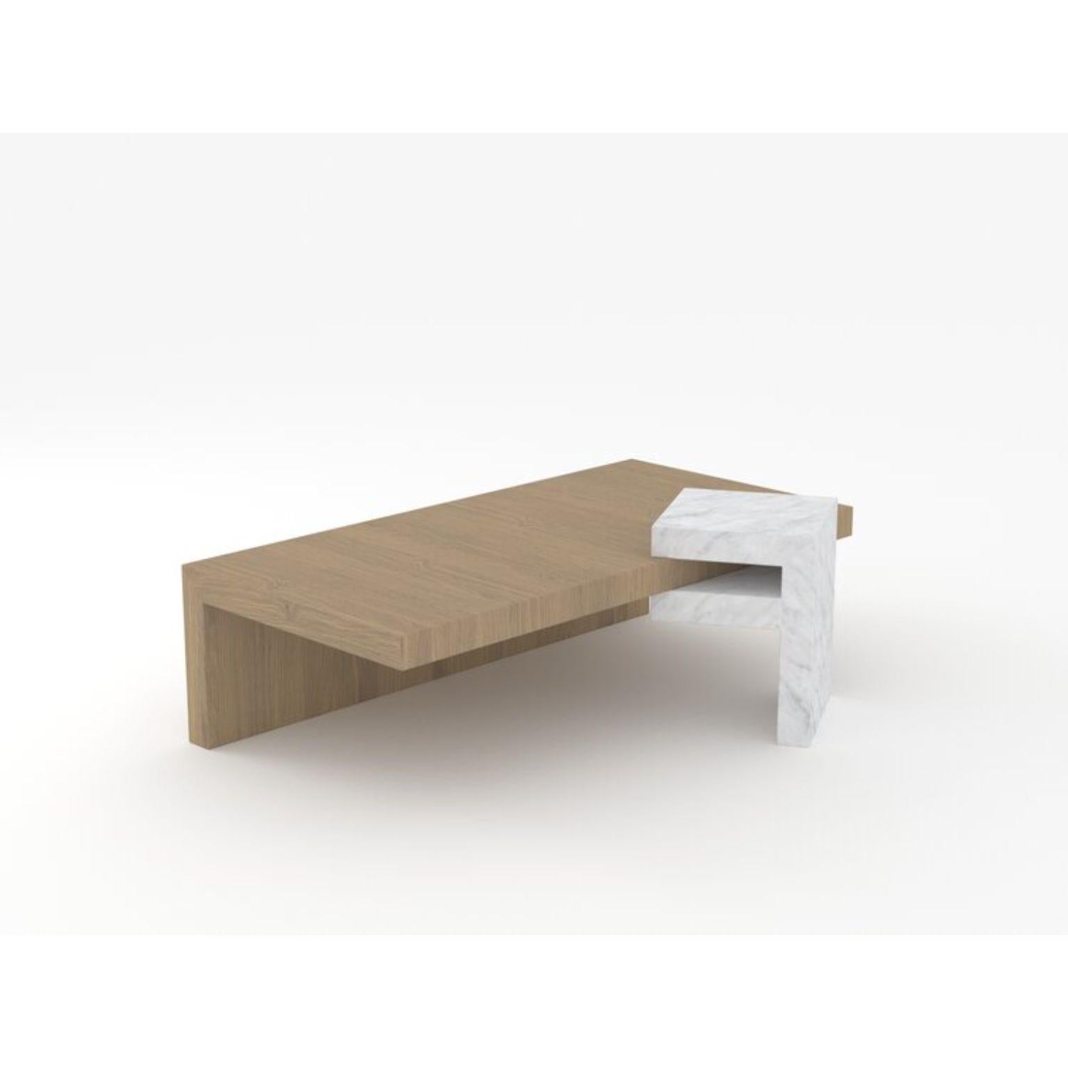 Yume oak + white carrara table by Joyful Homes
Materials:solid European oak - oiled finish and white carrara.
Dimensions: L120 x W60/78 x H34/40 cm. 
Also available in different sizes and materials. 

Composed of two parts that uniquely connect