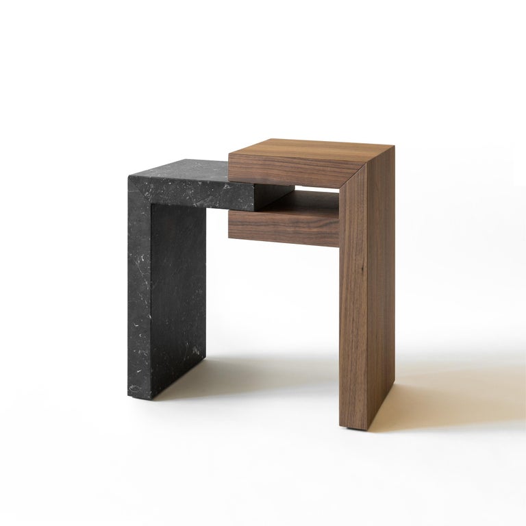 Yume walnut and stone side tables by Joyful Homes
Materials: Walnut: 100% Solid North-American Walnut - Oiled and 100% Solid Natural Stone. 
Dimensions: D54 x W30 x H54 cm
Also available in different materials (Bianco Carrara, Nero Marquina or