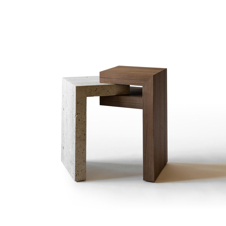 Belgian Yume Walnut and Stone Side Tables by Joyful Homes For Sale