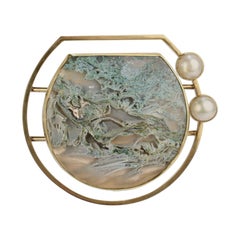 Yumi Ueno 18 Karat Gold, Moss Agate, Cultured Pearl and Sterling Silver Brooch