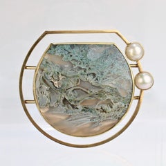 Yumi Ueno 18 Karat Gold, Moss Agate, Cultured Pearl and Sterling Silver Brooch