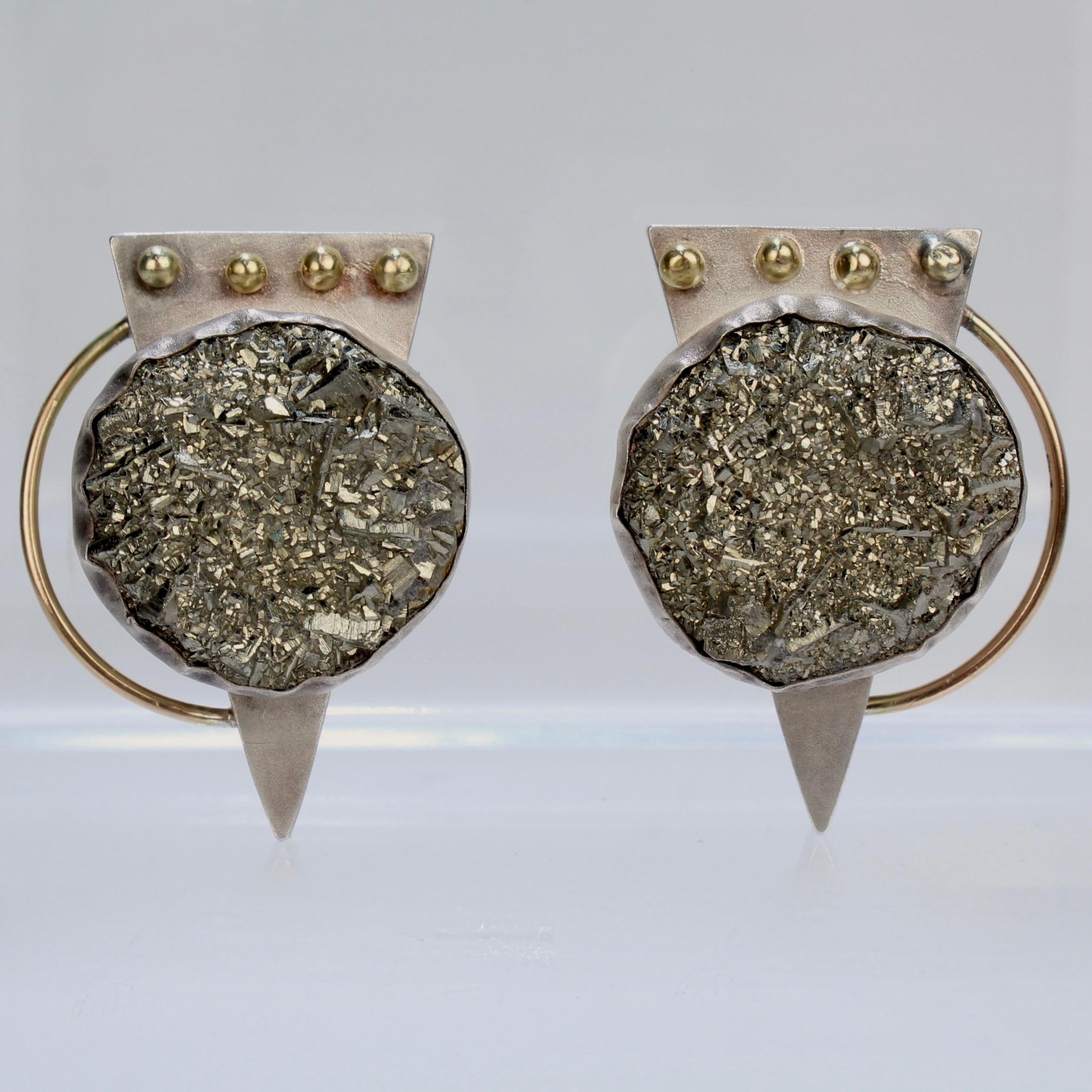 Yumi Ueno 1990s Retro Geometric Earrings in Silver, 14 Karat Gold, and Pyrite In Good Condition In Philadelphia, PA