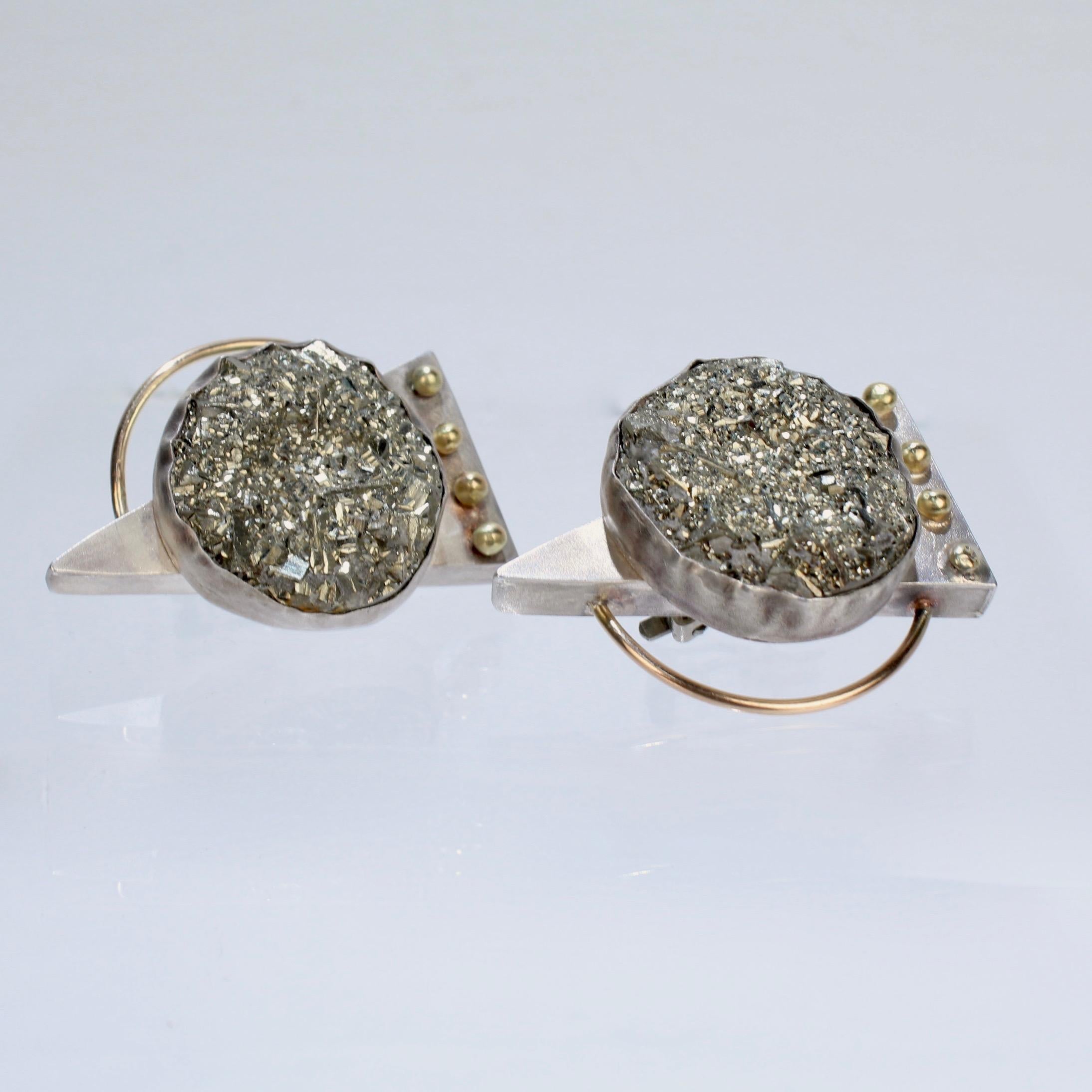 Women's Yumi Ueno 1990s Retro Geometric Earrings in Silver, 14 Karat Gold, and Pyrite