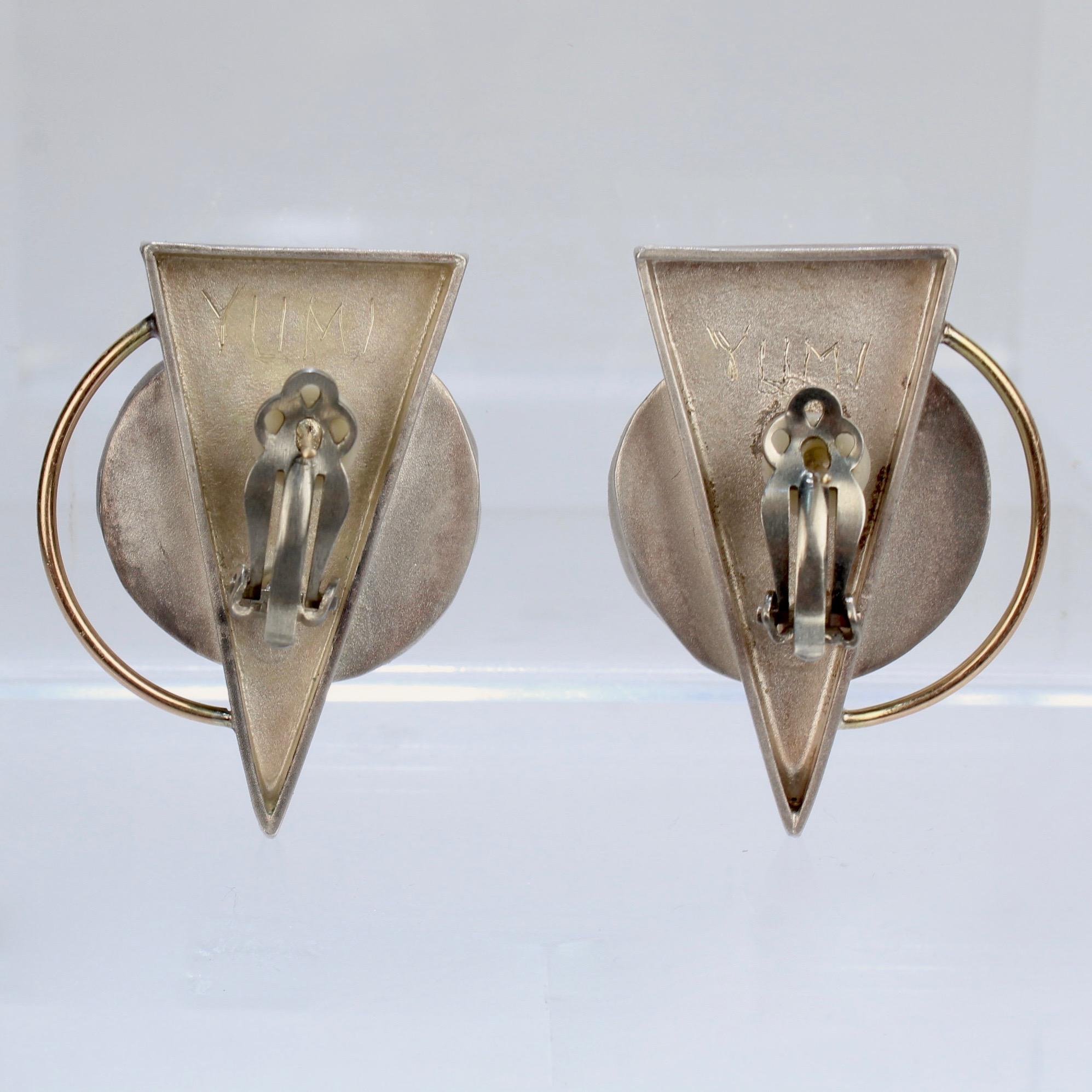 Yumi Ueno 1990s Retro Geometric Earrings in Silver, 14 Karat Gold, and Pyrite 1
