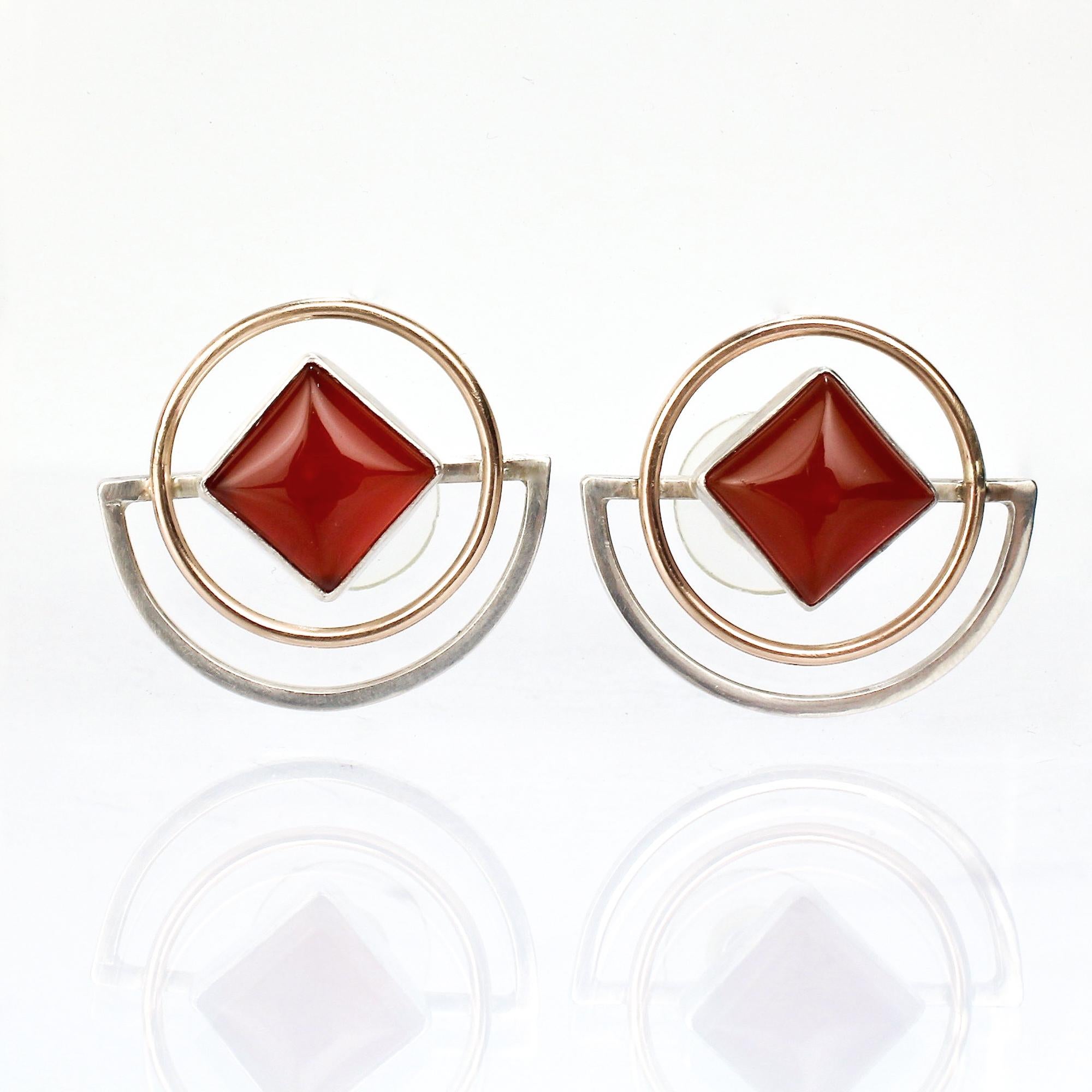 Cabochon Yumi Ueno Retro Geometric Gold, Silver, & Carnelian Earrings For Sale