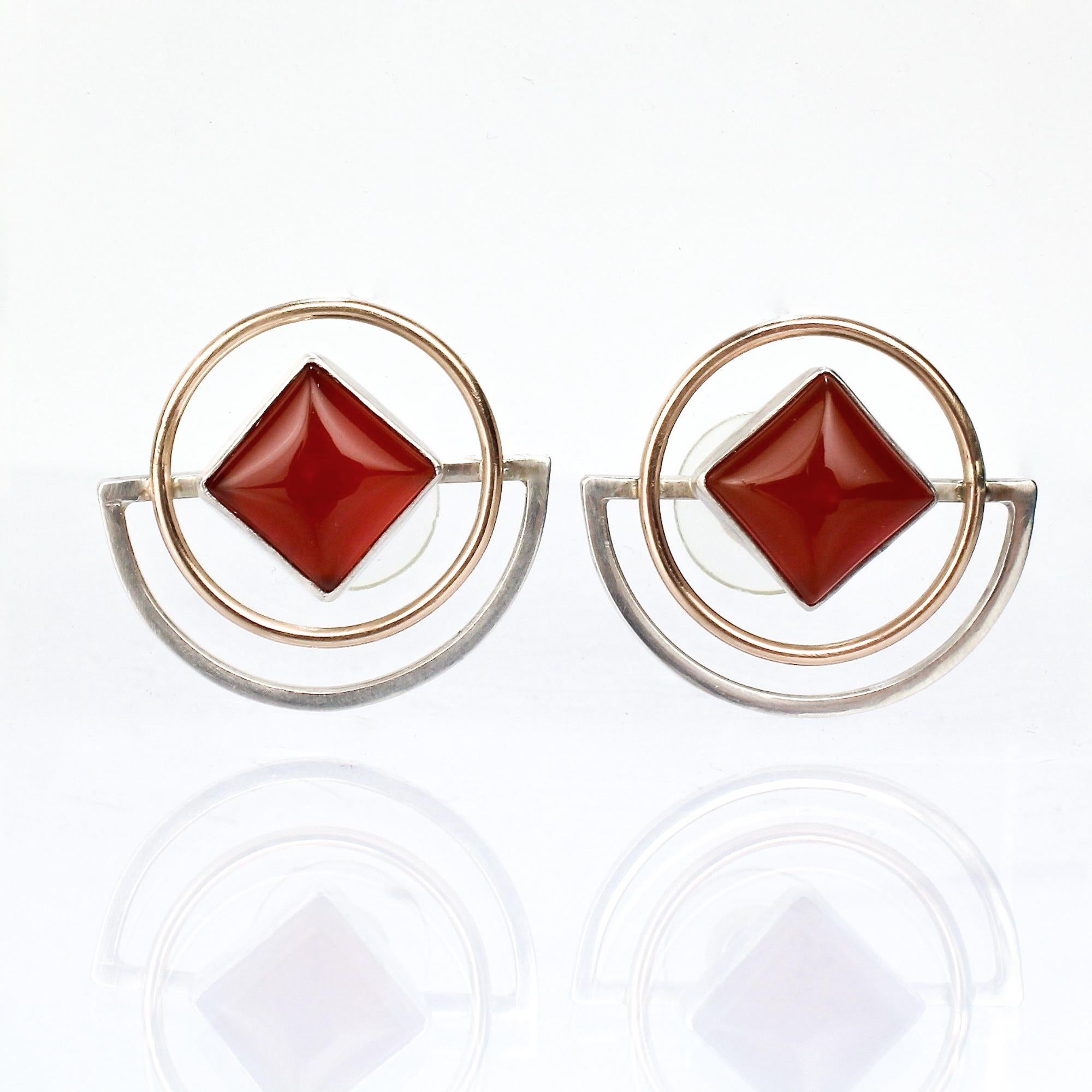Yumi Ueno Retro Geometric Gold, Silver, & Carnelian Earrings In Good Condition For Sale In Philadelphia, PA