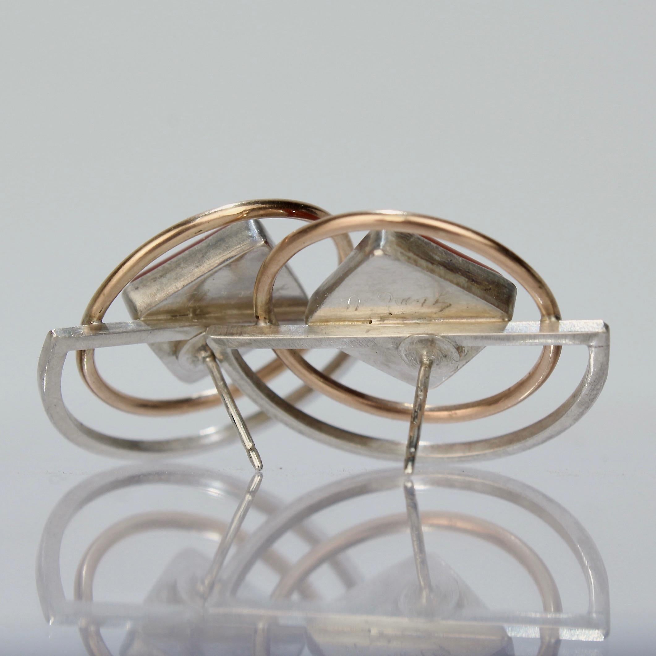 Cabochon Yumi Ueno Retro Geometric Gold, Silver & Carnelian Earrings