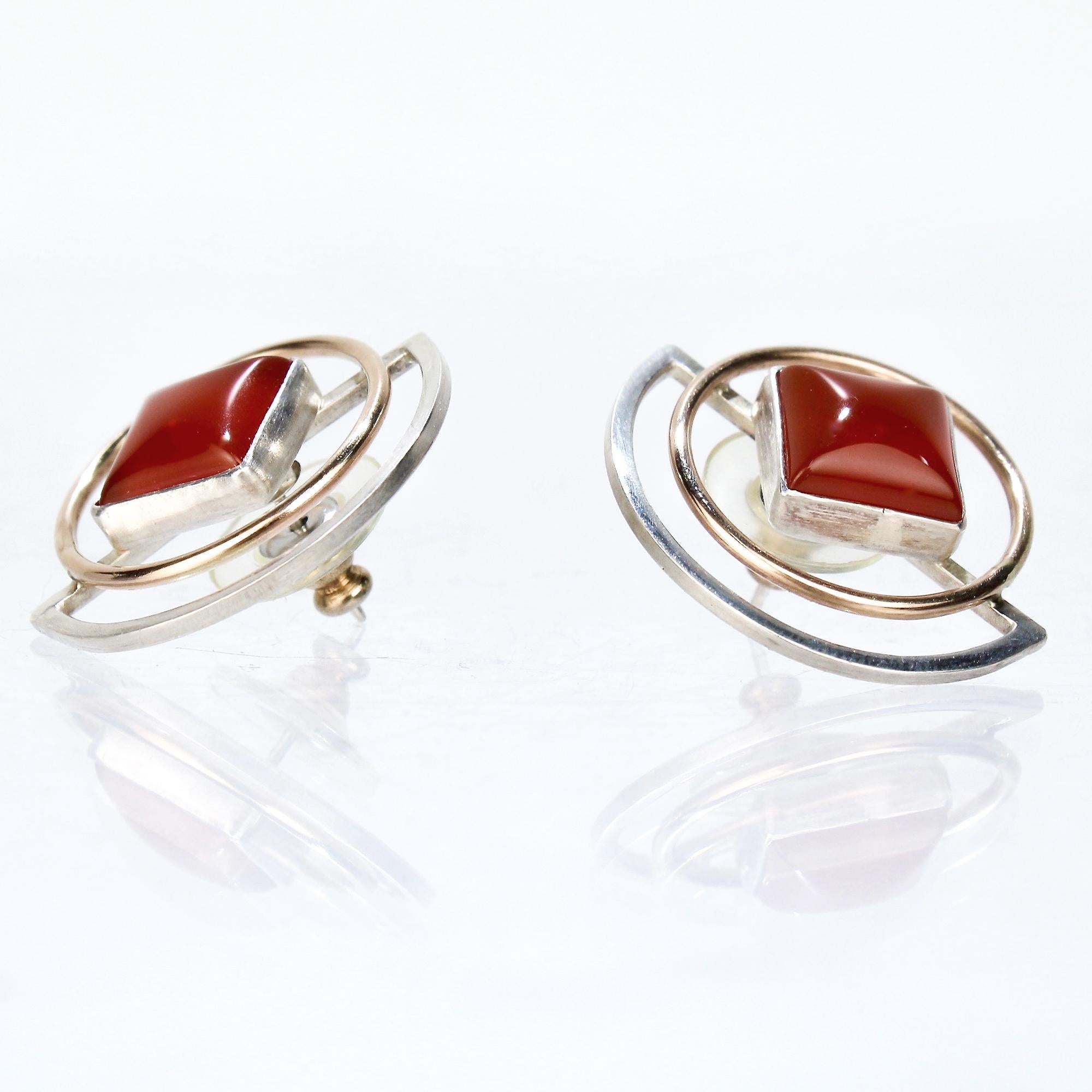 Women's Yumi Ueno Retro Geometric Gold, Silver, & Carnelian Earrings For Sale